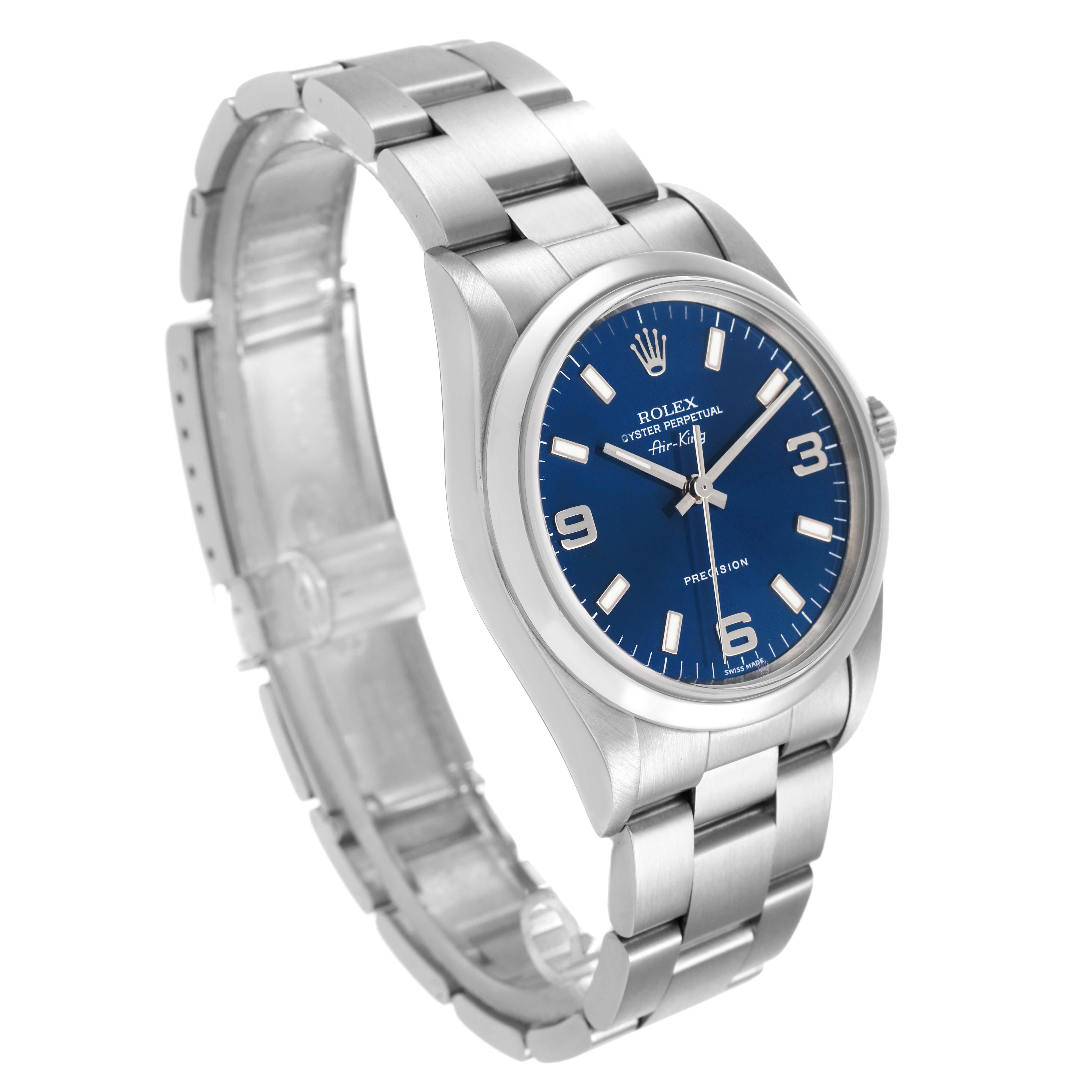 The Rolex Air-King 14000 Men's Stainless Steel Black Dial watch is shown at a three-quarter angle, displaying its face, bracelet, and crown.