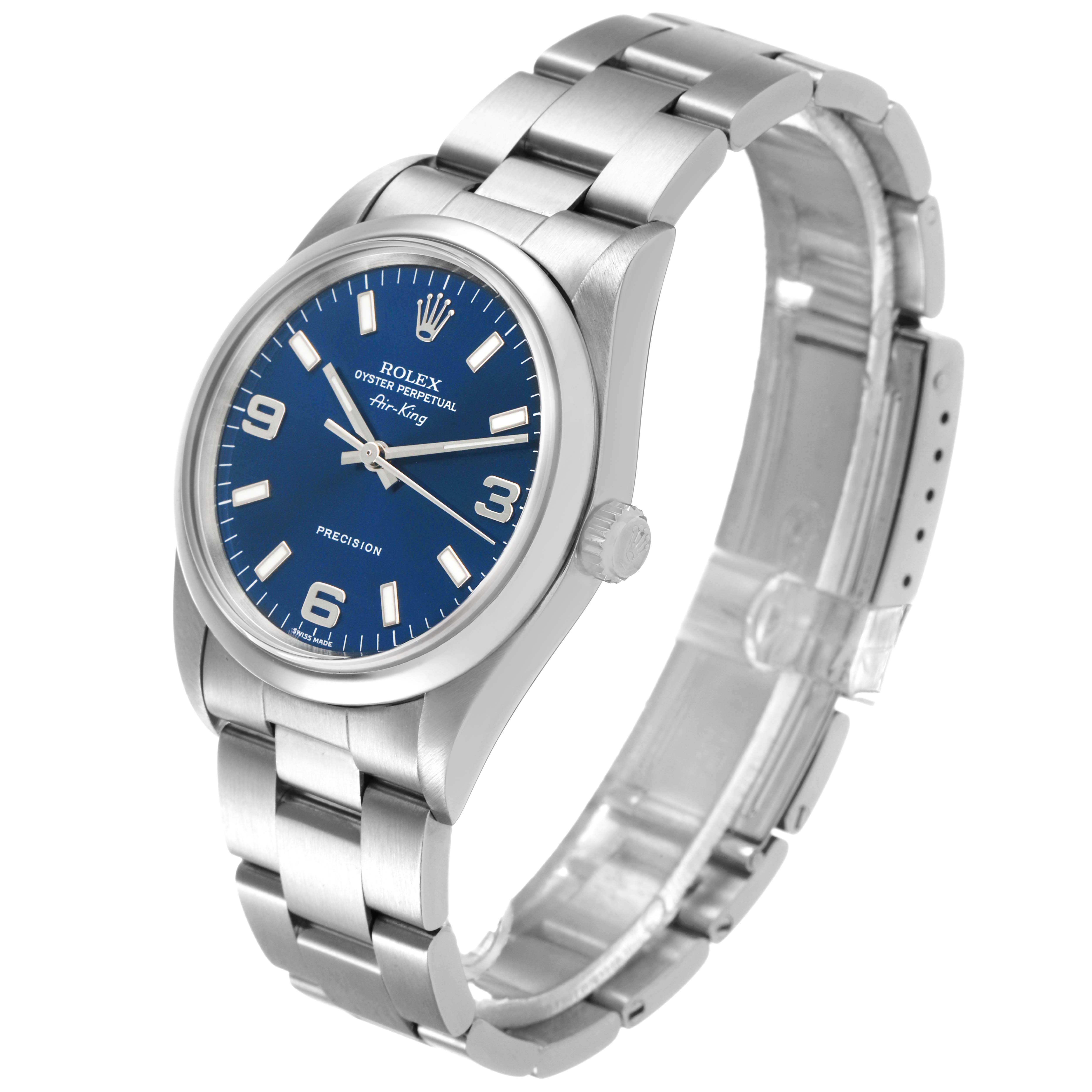 The Rolex Air-King 14000 Men's Stainless Steel Black Dial watch is shown at a three-quarter angle, displaying the face, bracelet, and crown.