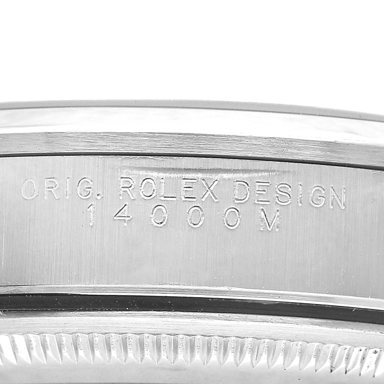This image shows a close-up of the case side for the Rolex Air-King 14000 Men's Stainless Steel Black Dial, highlighting the engraved model number.