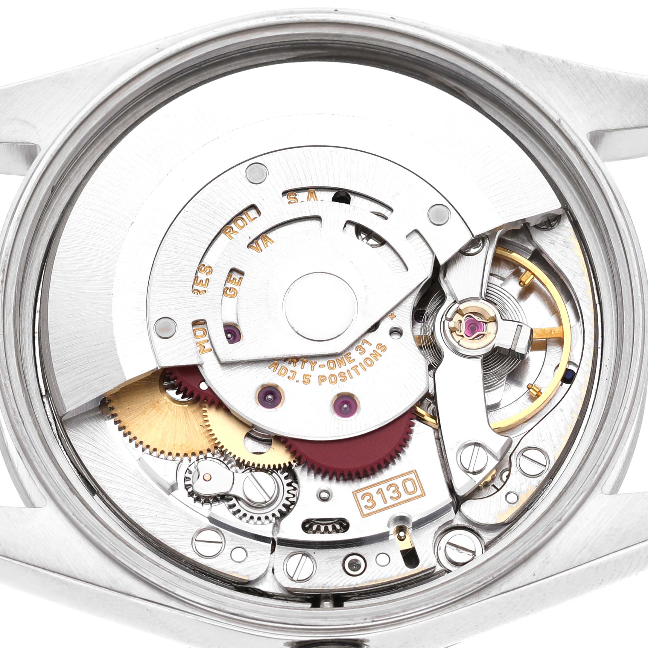 The image shows the open case back of a Rolex Air-King 14000 Men's Stainless Steel Black Dial, revealing its intricate mechanical movement.