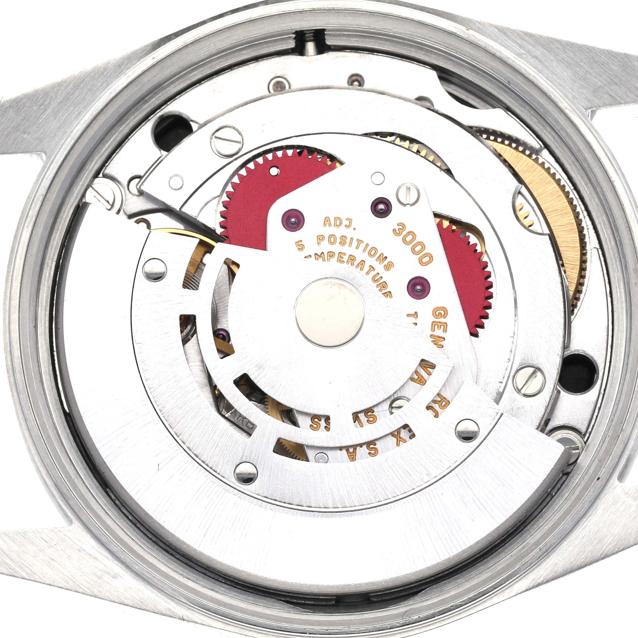 This image shows the inner mechanical movement of a Rolex Air-King 14000 Men's Stainless Steel Black Dial 14000 Men's Stainless Steel Black Dial watch from a top-down angle.