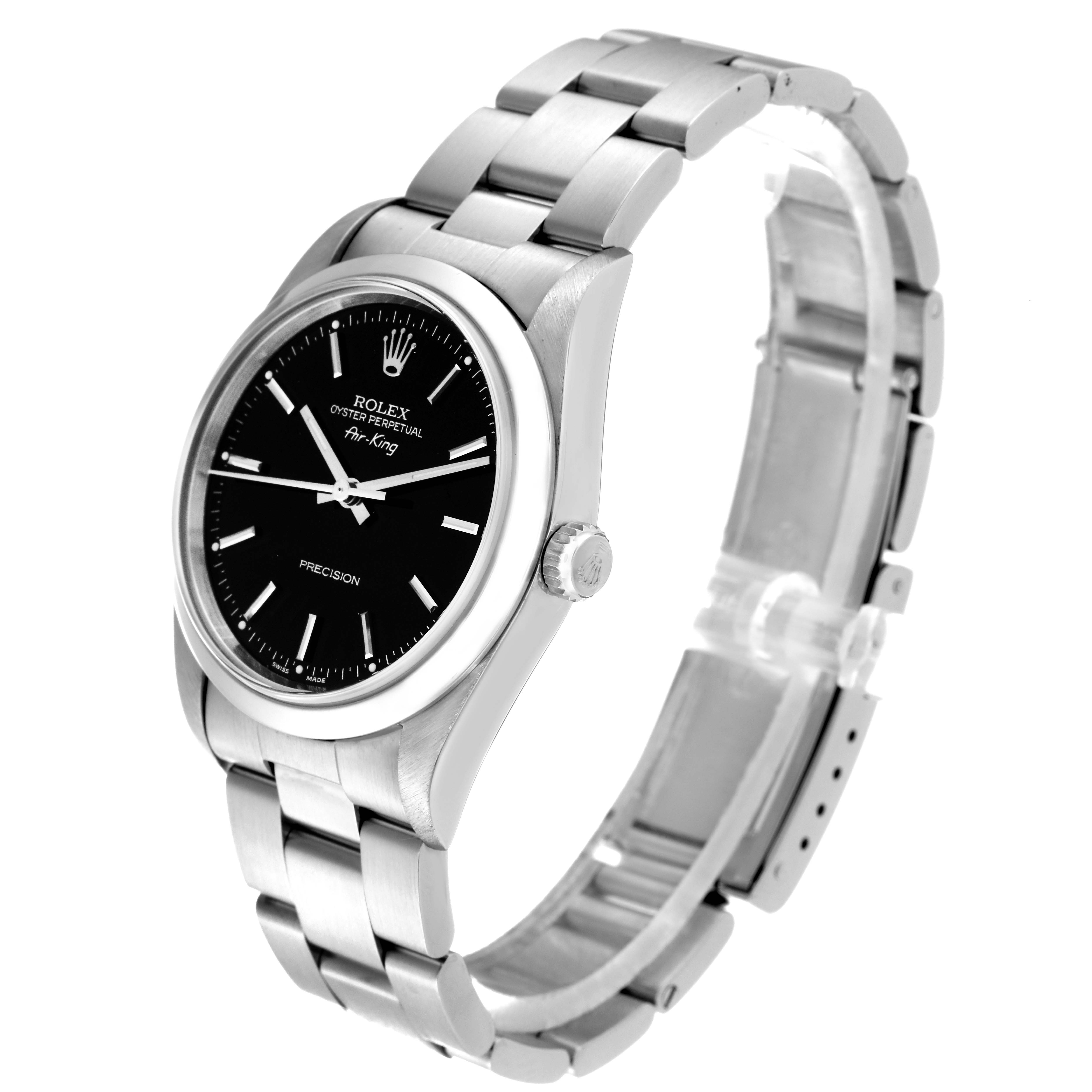 The image shows a side-angle view of the Rolex Air-King 14000 Men's Stainless Steel Black Dial 14000 Men's Stainless Steel Black Dial watch, highlighting its dial, case, and bracelet.