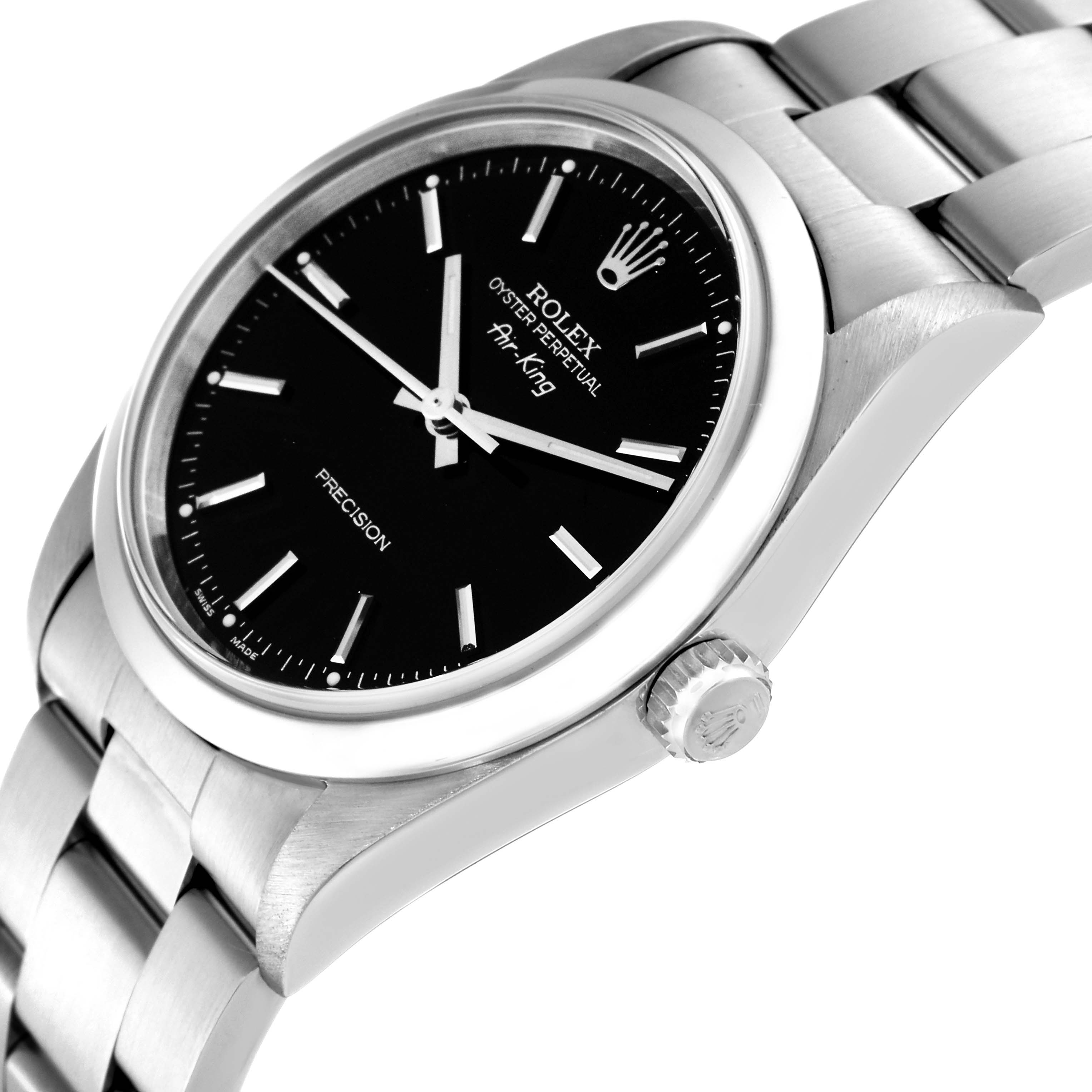 This image shows a side view of the Rolex Air-King 14000 Men's Stainless Steel Black Dial 14000 Men's Stainless Steel Black Dial, highlighting the dial, crown, and part of the stainless steel bracelet.
