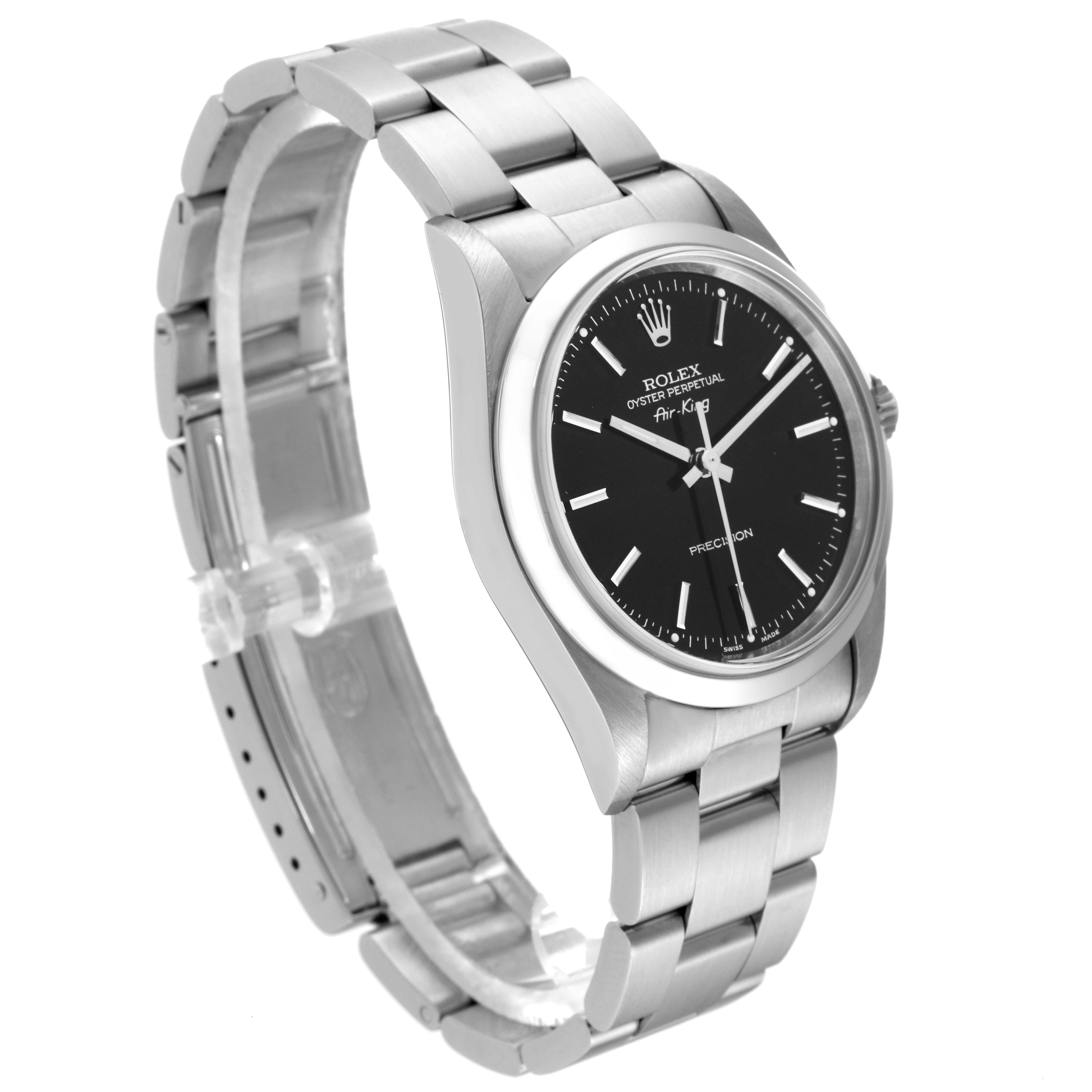 The Rolex Air-King 14000 Men's Stainless Steel Black Dial 14000 Men's Stainless Steel Black Dial watch is shown at a three-quarter angle, displaying the face, bezel, and bracelet.