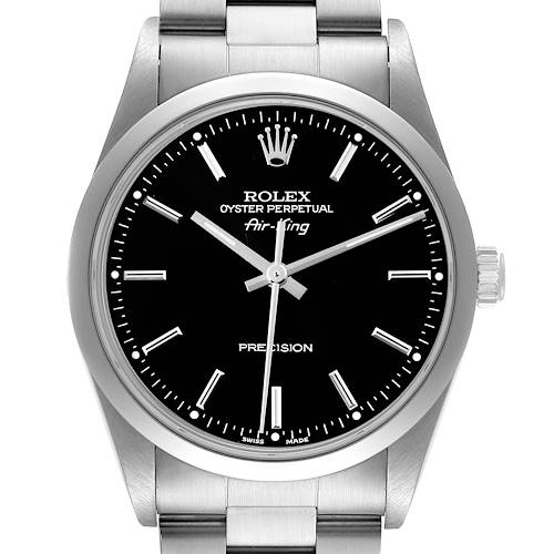 The Rolex Air-King watch is shown from a front angle, displaying the face, bezel, and part of the bracelet.