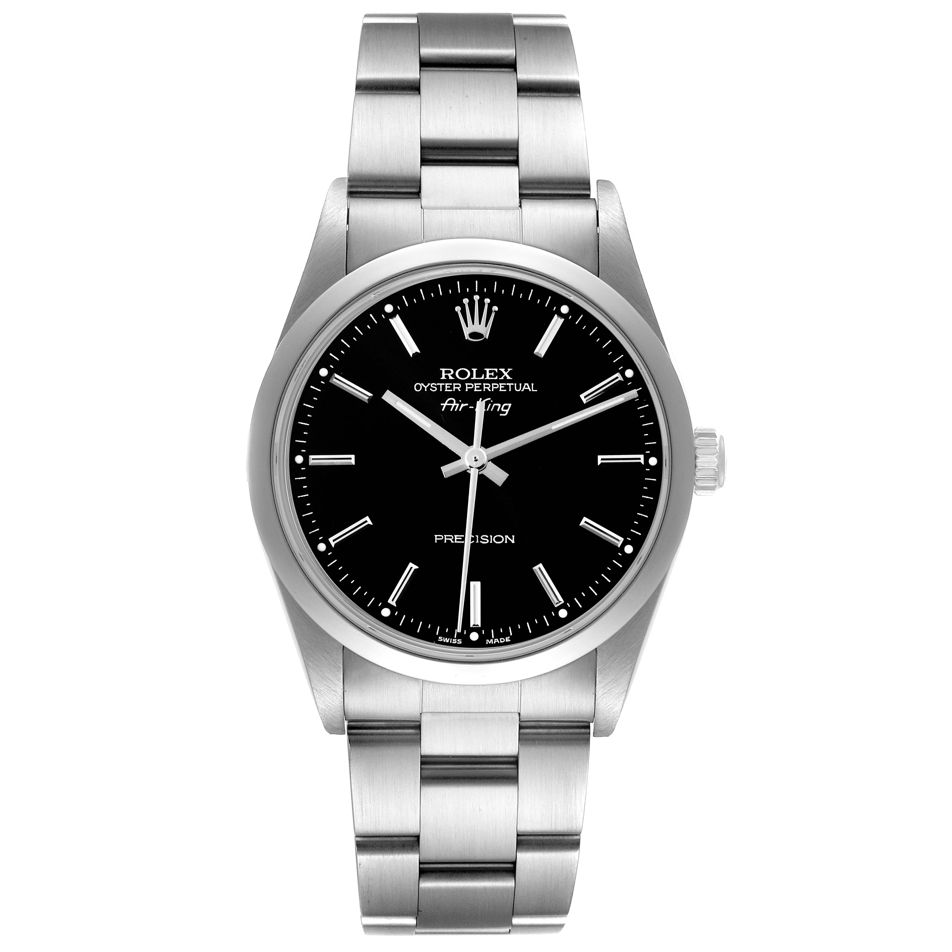 The Rolex Air-King 14000 Men's Stainless Steel Black Dial 14000 Men's Stainless Steel Black Dial watch is shown in a front-facing angle, displaying its bracelet, bezel, dial, and crown.