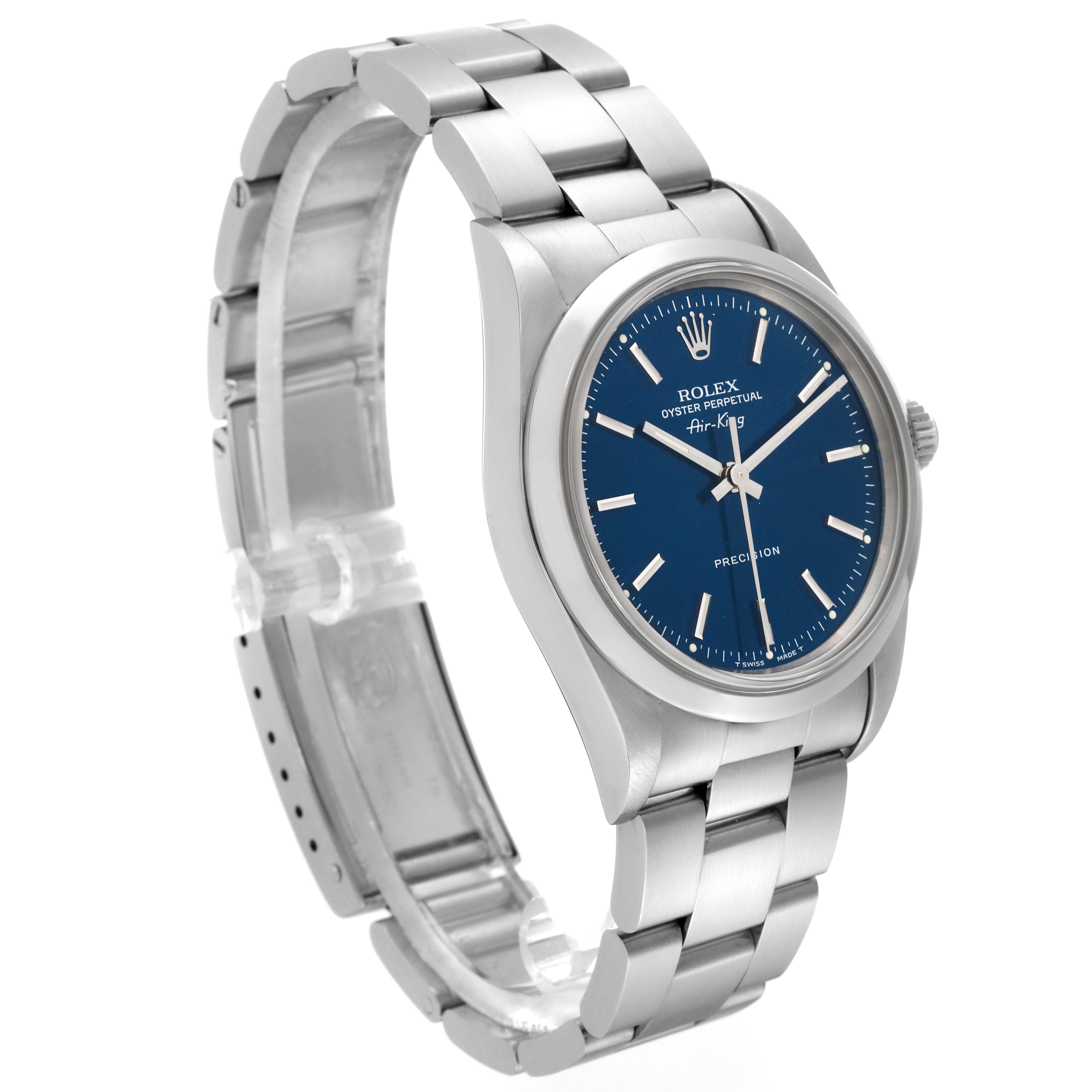 The Rolex Air-King 14000 Men's Stainless Steel Blue Dial 14000 Men's Stainless Steel Blue Dial watch is shown at an angled side view, displaying its blue dial, bezel, and metal bracelet.