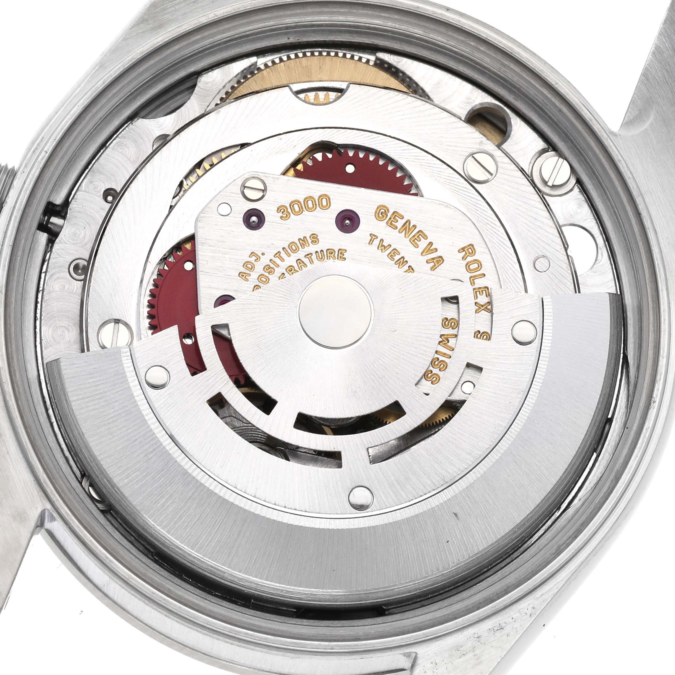 The image shows the internal mechanism and movement of the Rolex Air-King 14000 Men's Stainless Steel Blue Dial 14000 Men's Stainless Steel Blue Dial watch from a top-down angle.