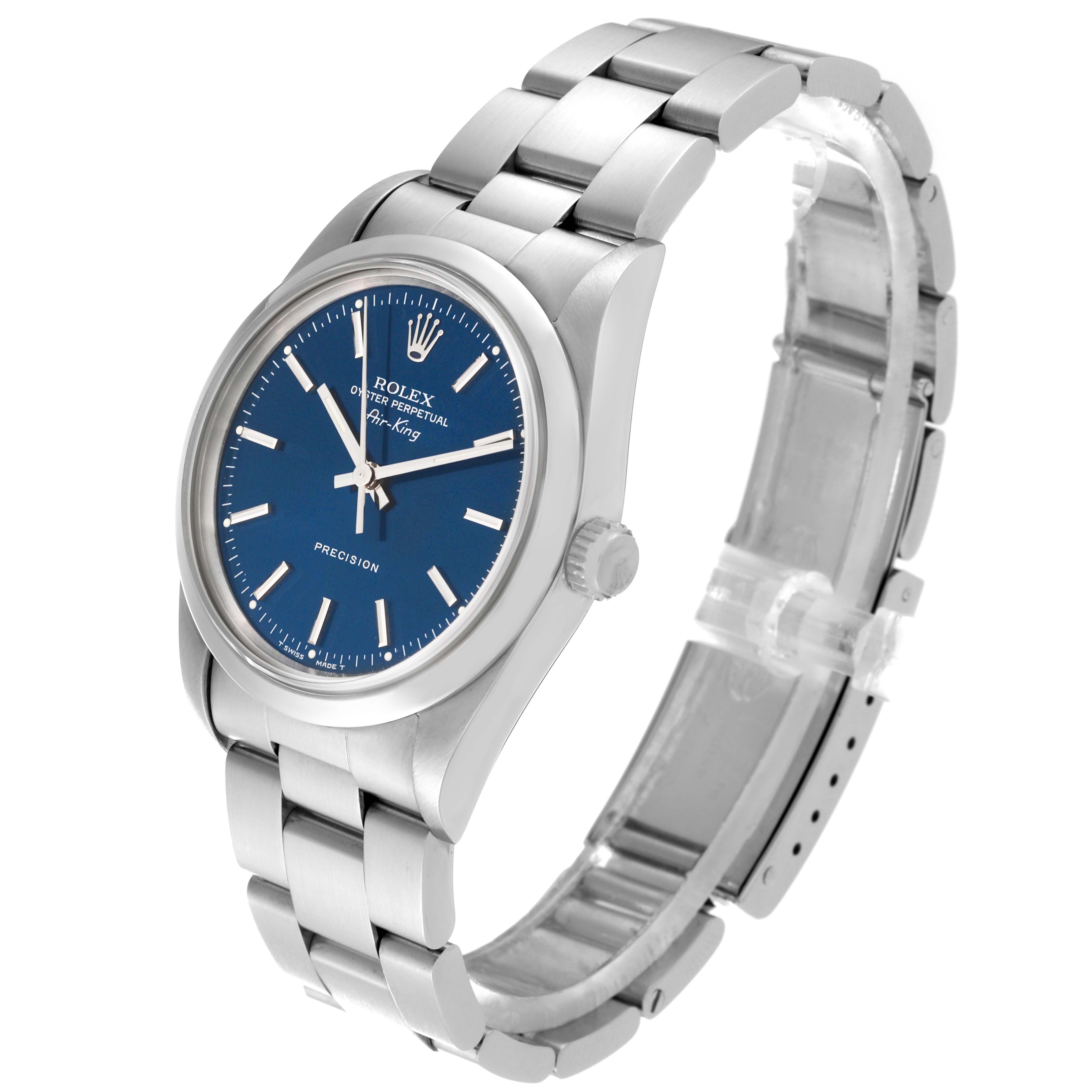 The image shows a Rolex Air-King 14000 Men's Stainless Steel Blue Dial 14000 Men's Stainless Steel Blue Dial watch from a three-quarter angle, displaying the blue dial and stainless steel bracelet.