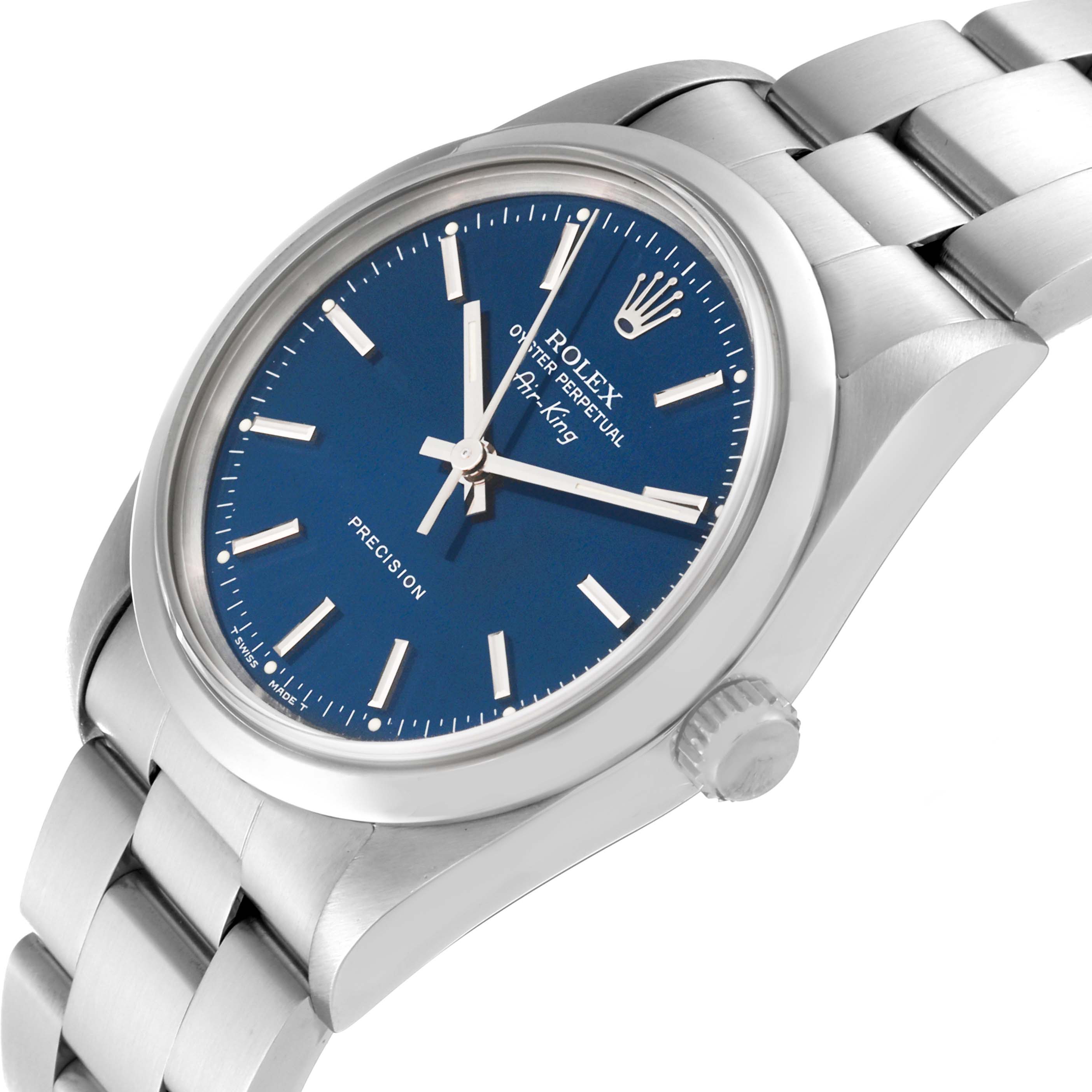 This image shows a side angle of the Rolex Air-King 14000 Men's Stainless Steel Blue Dial 14000 Men's Stainless Steel Blue Dial model, highlighting its blue dial, crown, and metal bracelet.