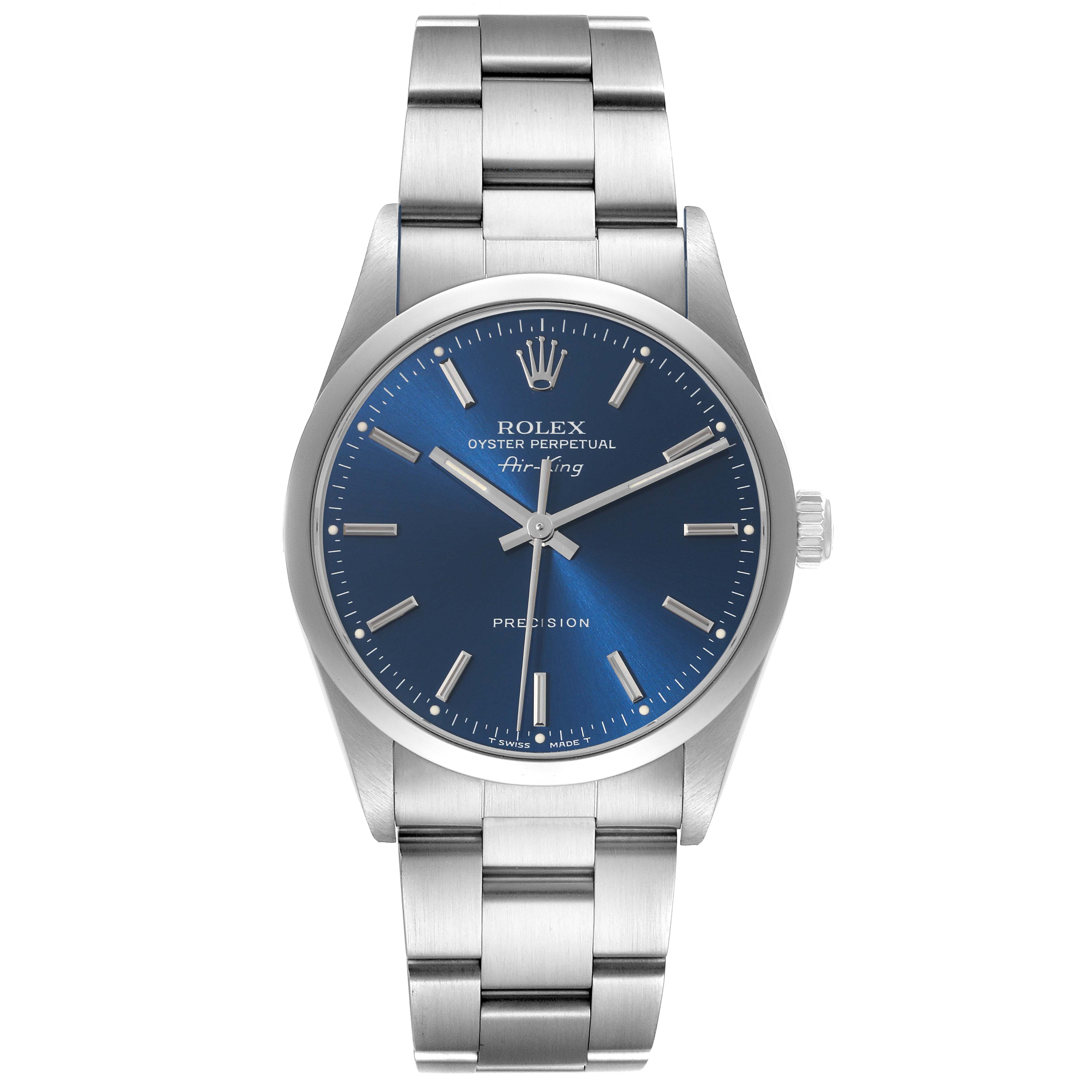 The photo shows a front view of a Rolex Air-King 14000 Men's Stainless Steel Blue Dial 14000 Men's Stainless Steel Blue Dial watch, displaying the dial, hands, case, and bracelet.