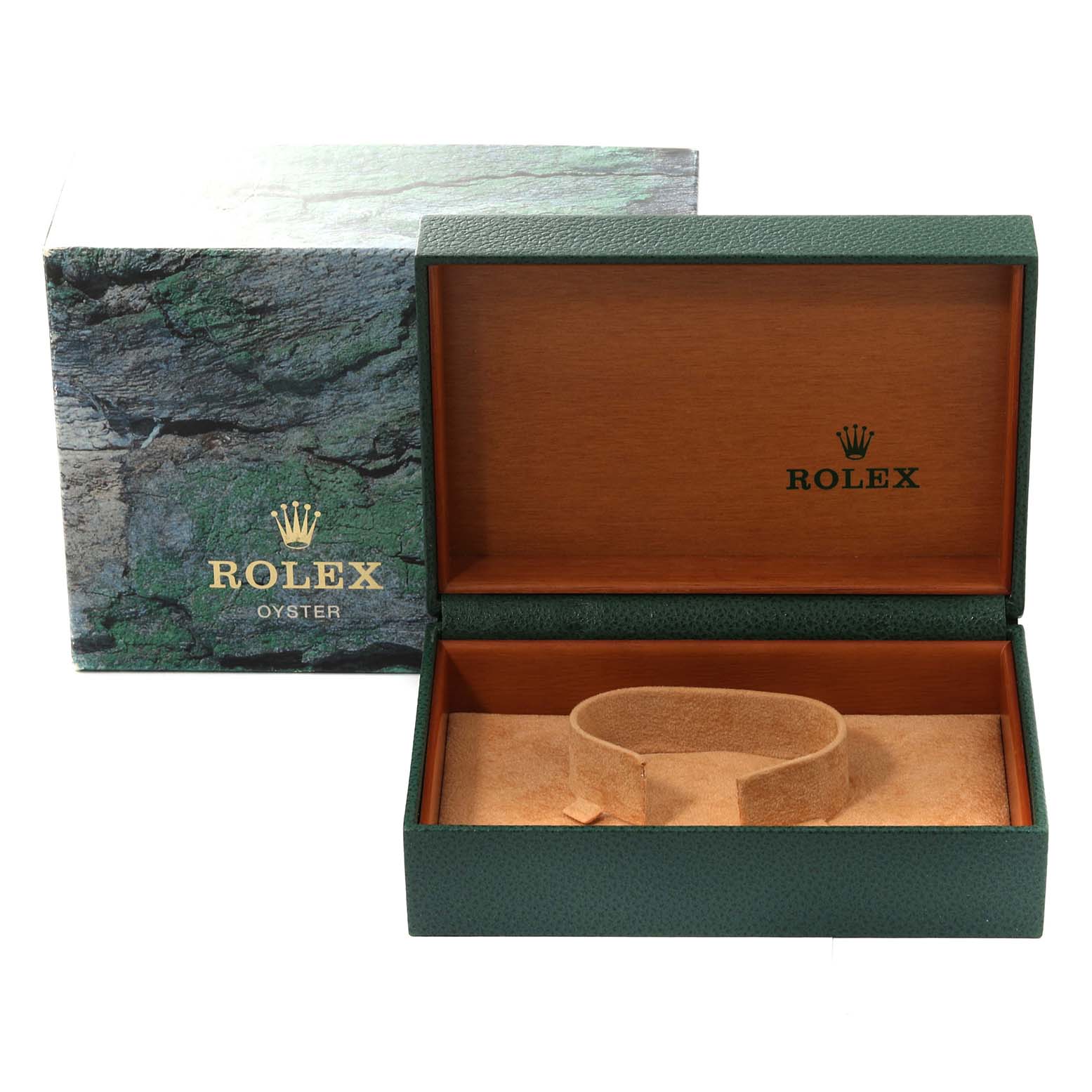 This image shows an open Rolex Air-King 14000 Men's Stainless Steel Blue Dial 14000 Men's Stainless Steel Blue Dial presentation box with a green exterior and wooden interior.