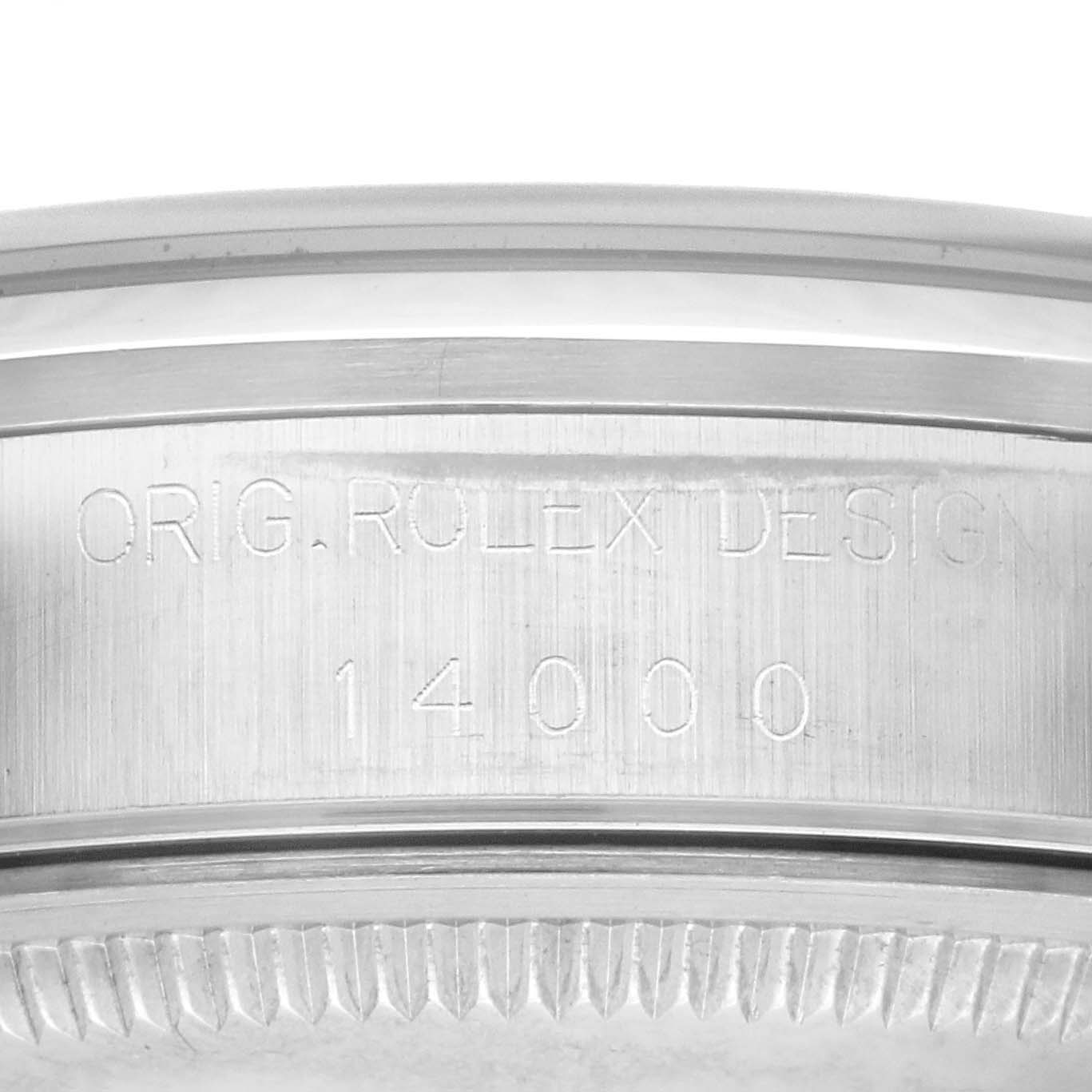 The image shows an angled close-up of the bezel and the engraved side of a Rolex Air-King 14000 Men's Stainless Steel Blue Dial 14000 Men's Stainless Steel Blue Dial watch case, showcasing the model number.