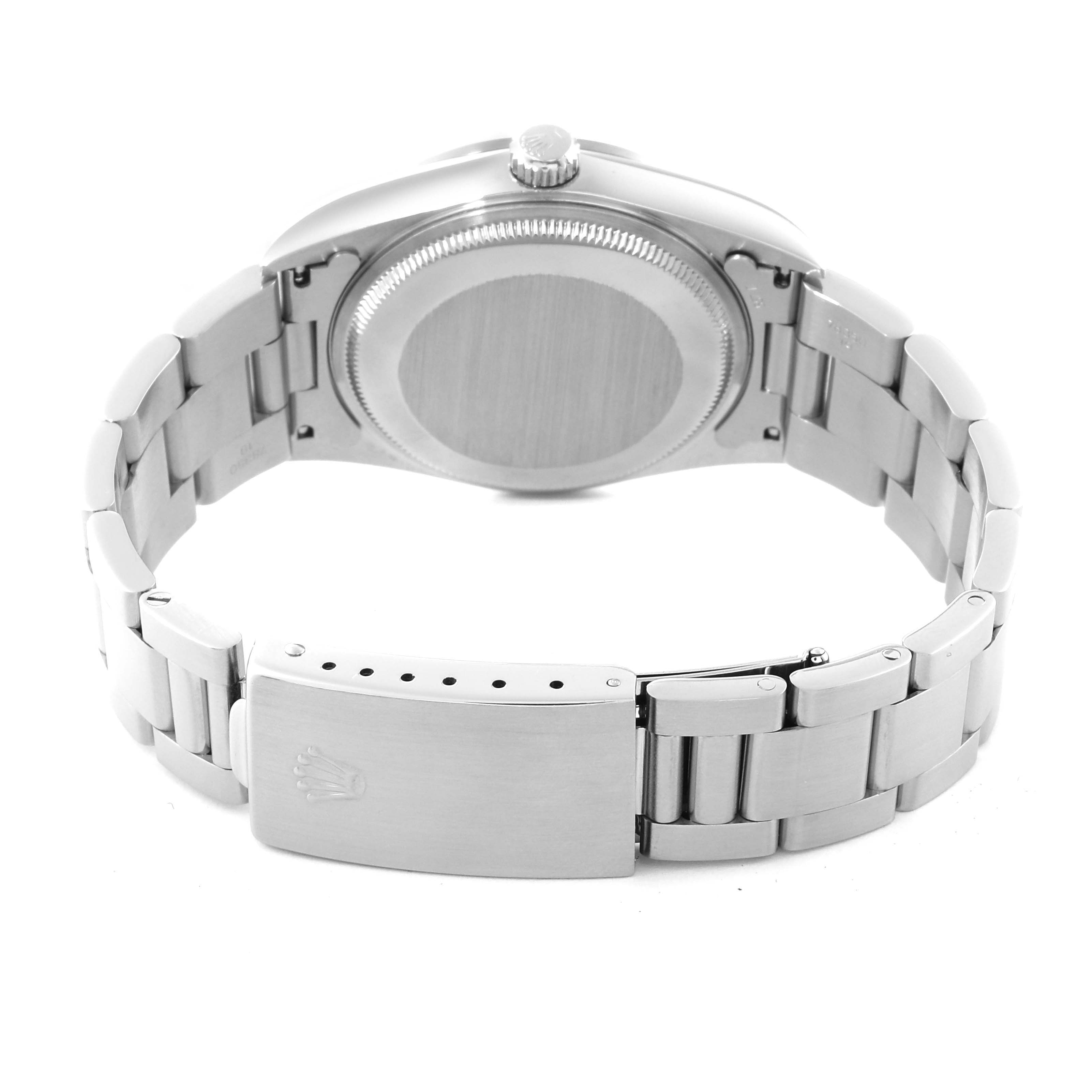 The image shows the back view of a Rolex Air-King 14000 Men's Stainless Steel Blue Dial 14000 Men's Stainless Steel Blue Dial watch, focusing on the stainless steel bracelet and clasp.