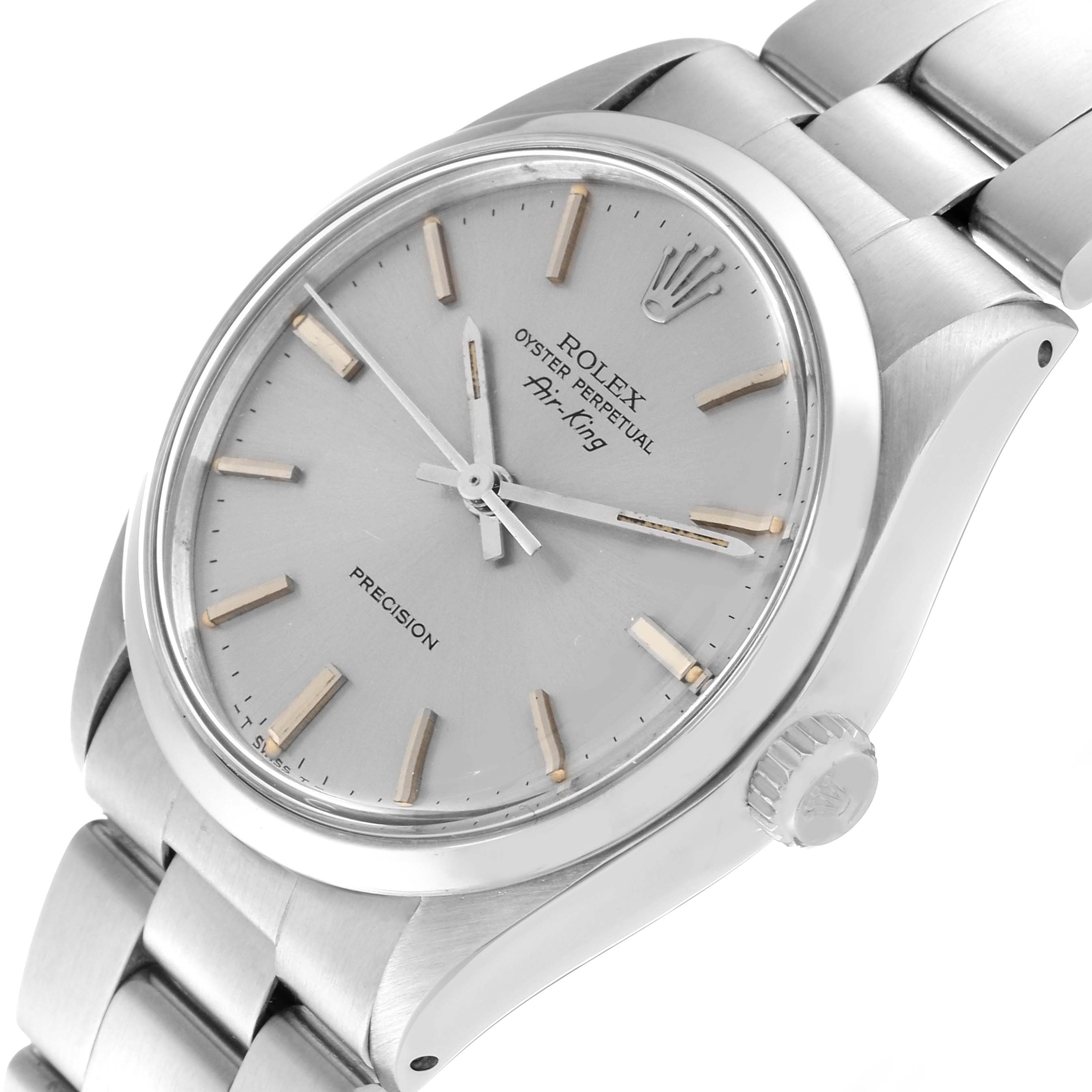 The image shows a Rolex Vintage Collection 5500 Men's Stainless Steel Silver Dial 5500 Men's Stainless Steel Silver Dial Oyster Perpetual Air-King watch angled slightly from the front-left, displaying the face, bezel, and part of the bracelet.