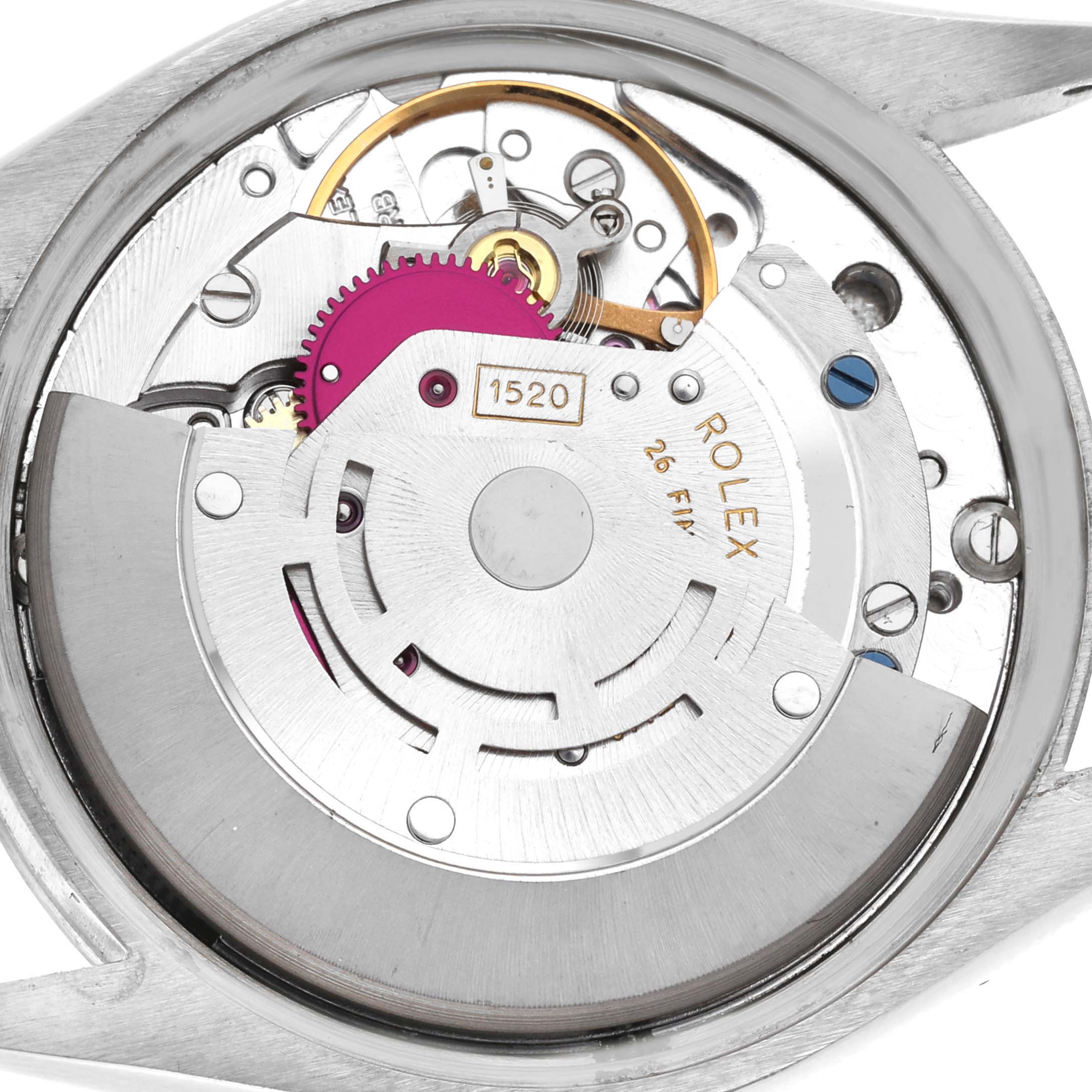 This is an underside close-up view of the inner mechanical components of a Rolex Vintage Collection 5500 Men's Stainless Steel Silver Dial 5500 Men's Stainless Steel Silver Dial model watch.