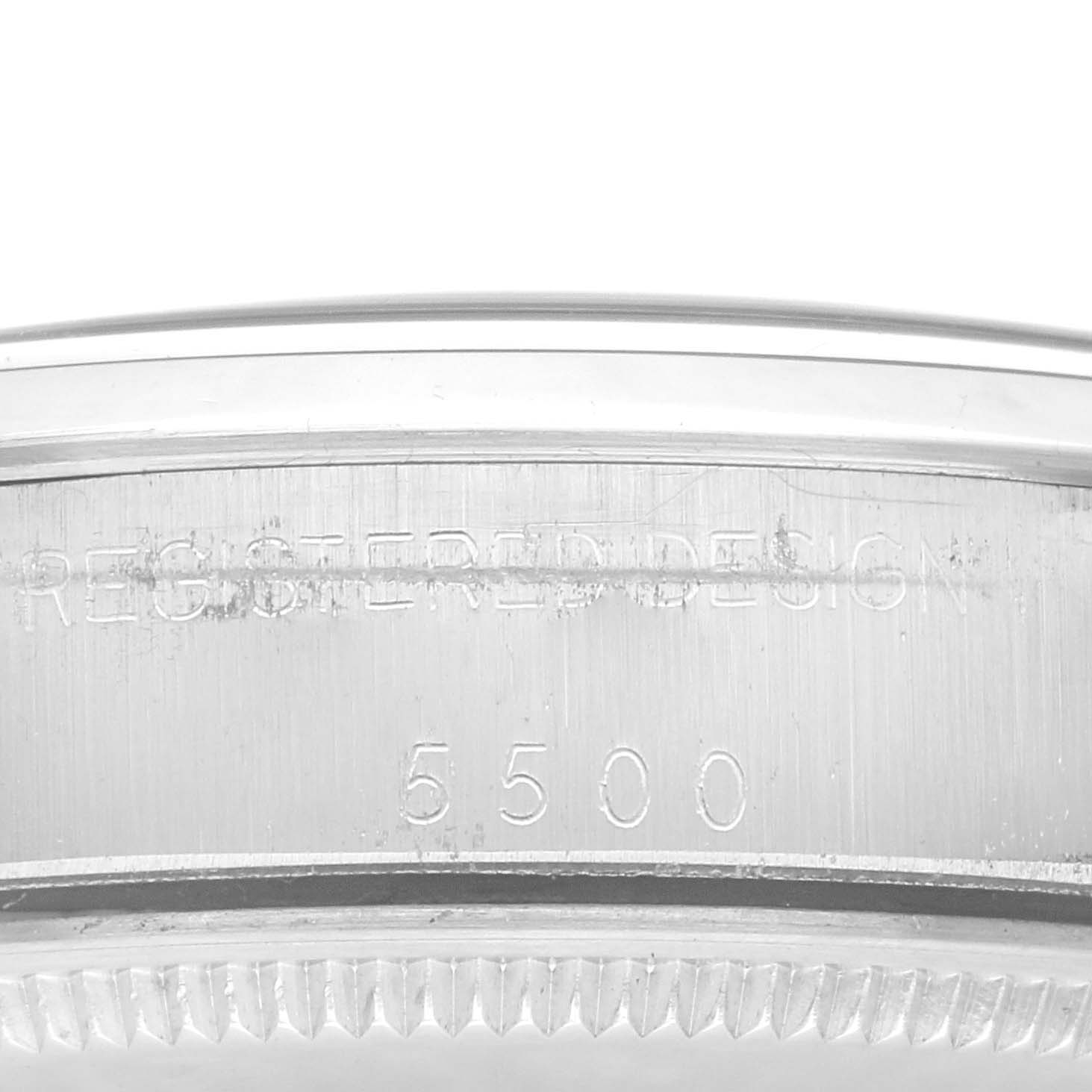 This image shows a close-up of the Rolex Vintage Collection 5500 Men's Stainless Steel Silver Dial 5500 Men's Stainless Steel Silver Dial watch model 5500, focusing on its case side engraving.