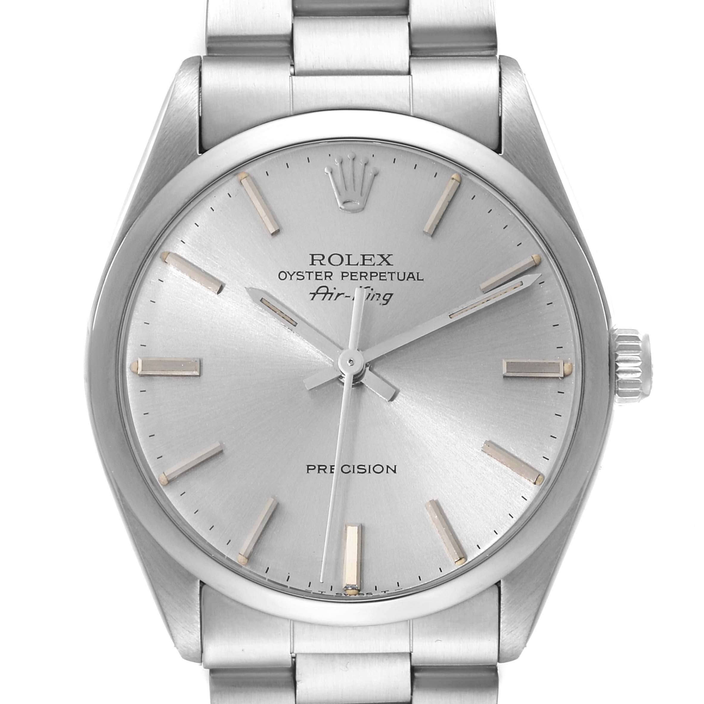 The image displays the face of a Rolex Vintage Collection 5500 Men's Stainless Steel Silver Dial 5500 Men's Stainless Steel Silver Dial Oyster Perpetual Air-King watch from a front angle.