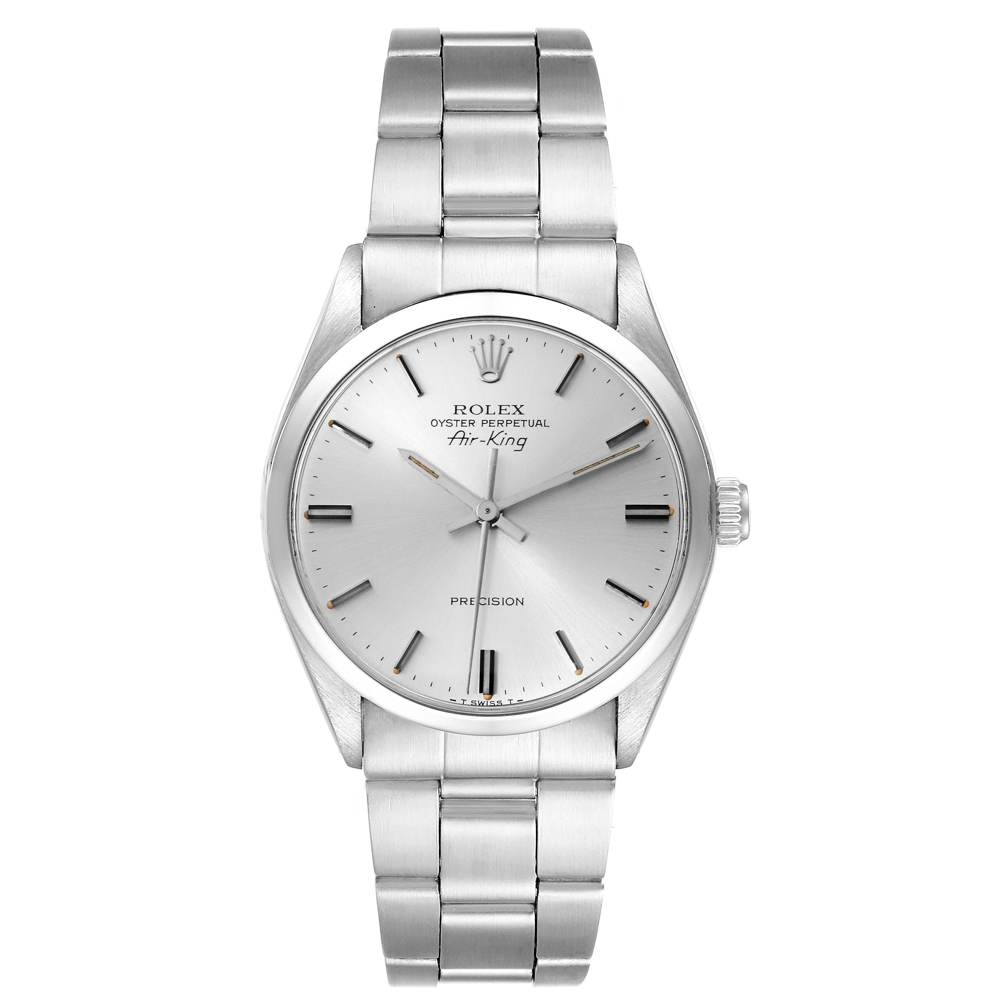 The image shows a front view of the Rolex Vintage Collection 5500 Men's Stainless Steel Silver Dial 5500 Men's Stainless Steel Silver Dial Oyster Perpetual Air-King watch, displaying the face, bezel, and bracelet.