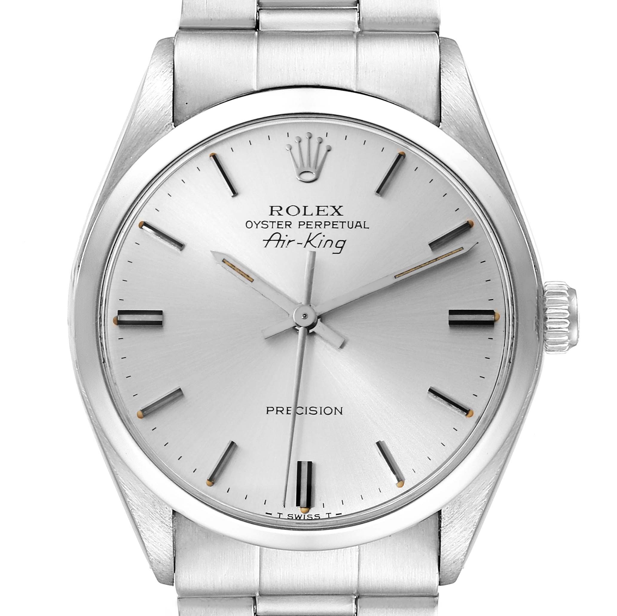 This image shows a front view of the Rolex Vintage Collection 5500 Men's Stainless Steel Silver Dial 5500 Men's Stainless Steel Silver Dial Air-King watch, highlighting the dial, bezel, and part of the bracelet.
