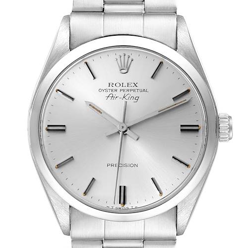 This image shows a frontal view of a Rolex Vintage Collection model watch, showcasing its dial, hour markers, and stainless steel bracelet.