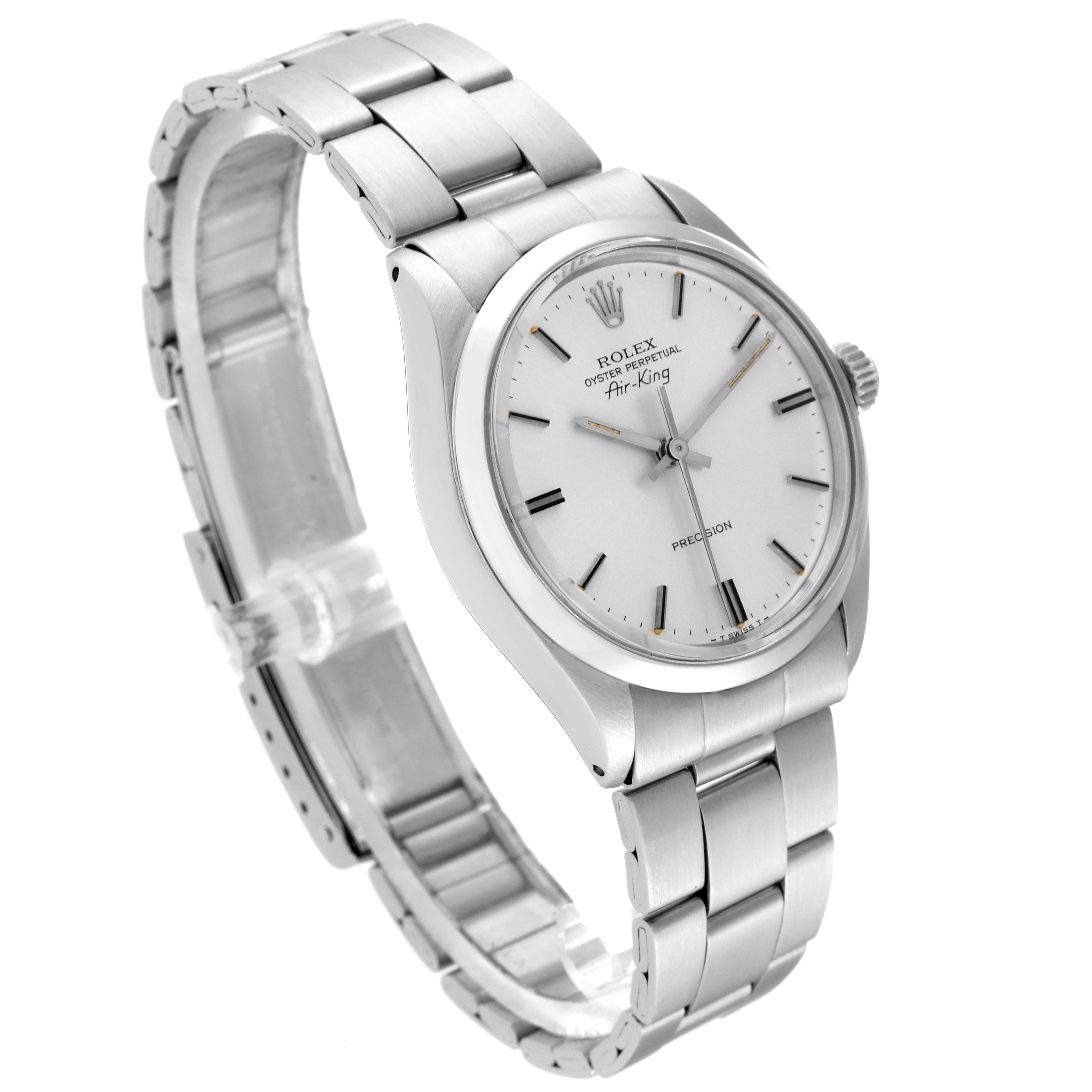 The image shows a vintage Rolex Air-King watch from the Vintage Collection, angled slightly from the right, displaying the face, case, and bracelet.