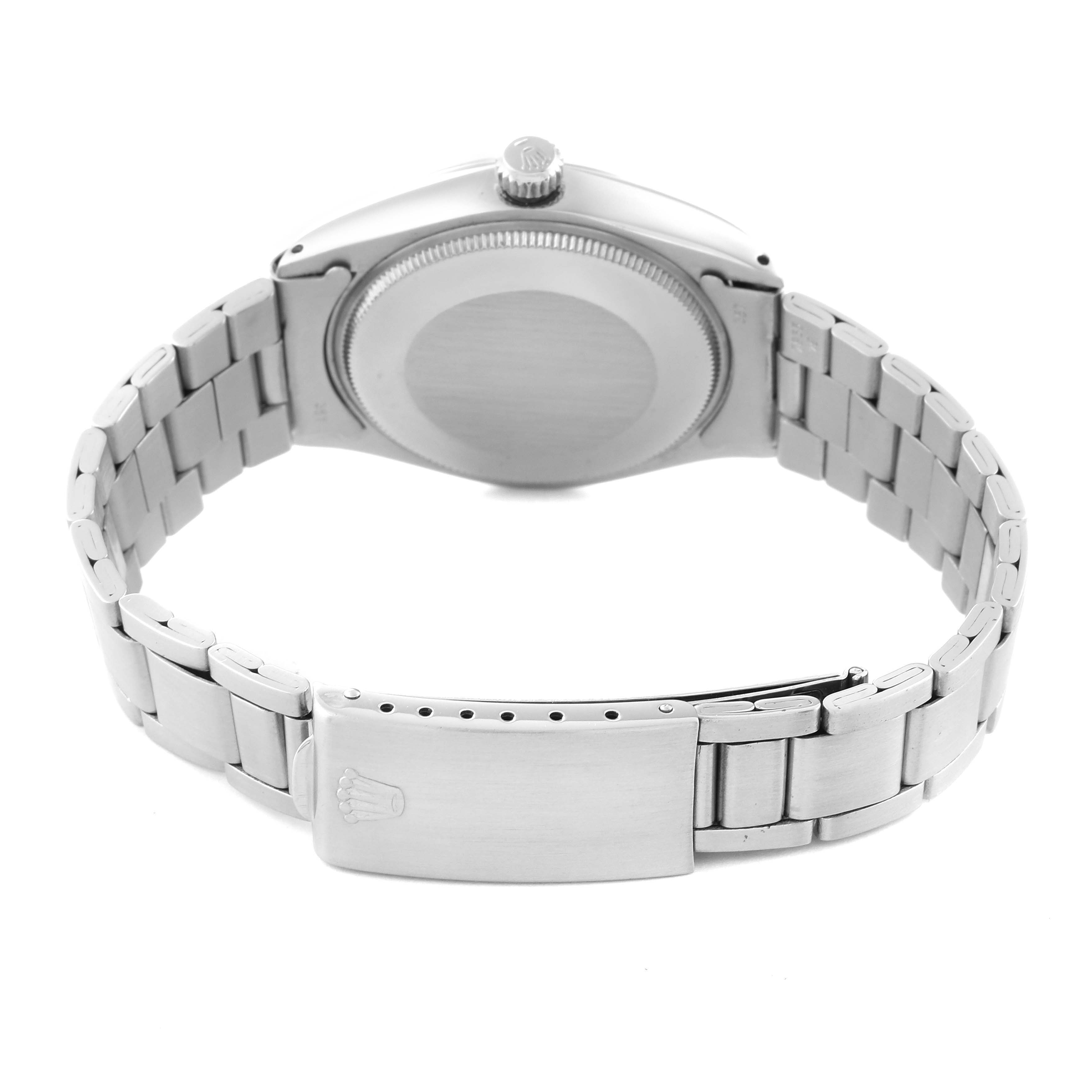 This image shows the back view of the case and the bracelet clasp of a Rolex Vintage Collection 5500 Men's Stainless Steel Silver Dial 5500 Men's Stainless Steel Silver Dial watch.