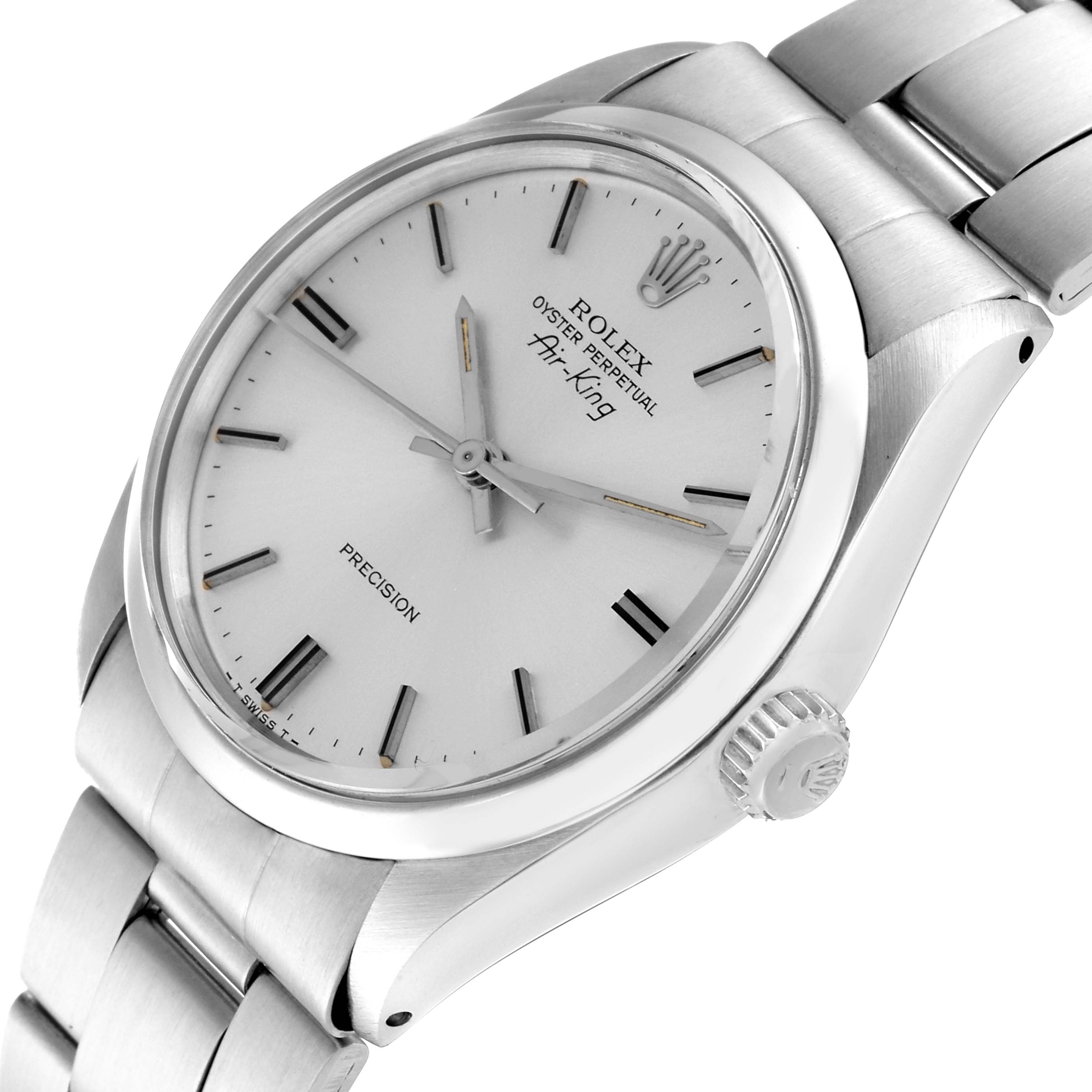 The image shows a close-up, angled view of the face, case, and bracelet of a Rolex Vintage Collection 5500 Men's Stainless Steel Silver Dial 5500 Men's Stainless Steel Silver Dial Oyster Perpetual Air-King watch.