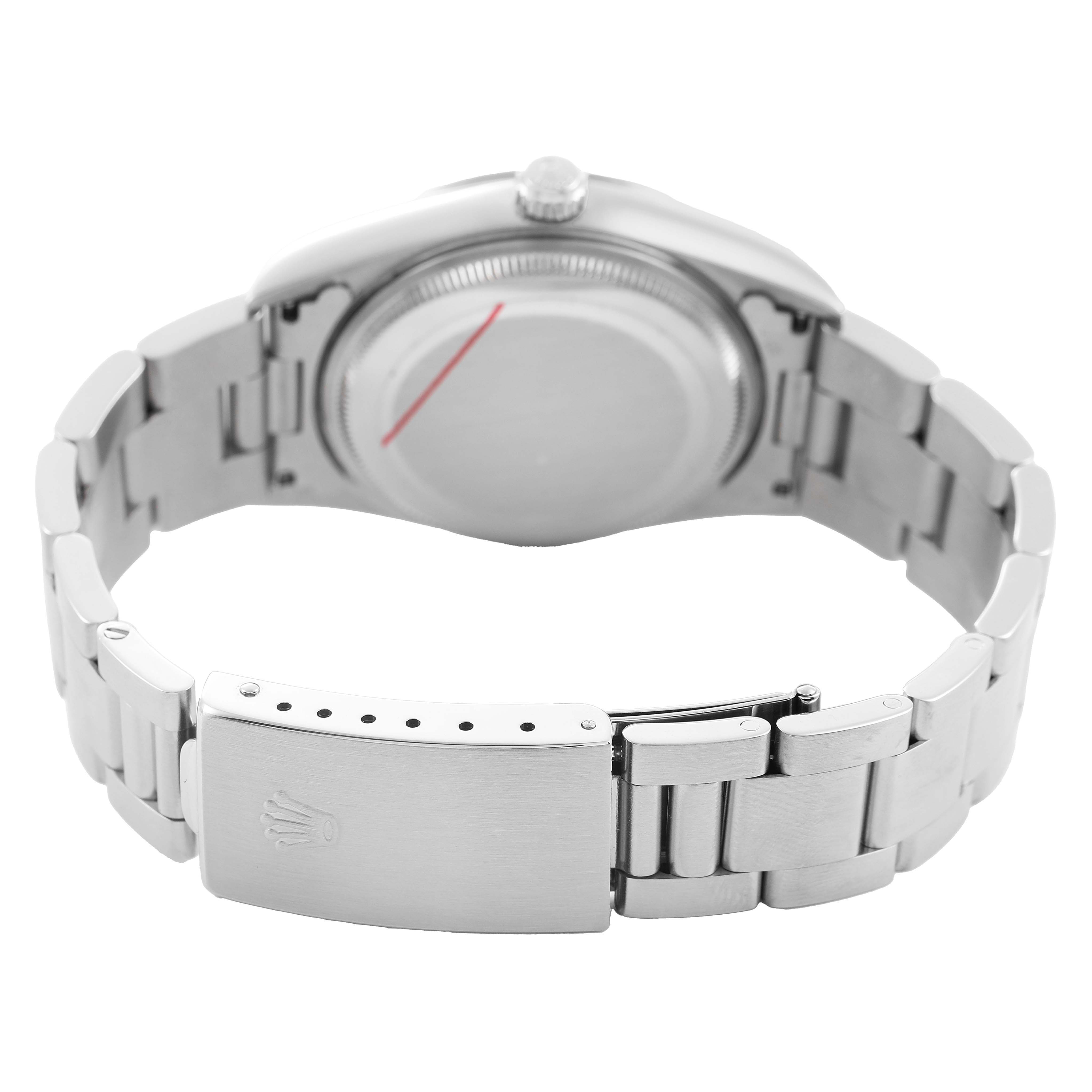 The image shows the back and bracelet of a Rolex Air-King 14000 Men's Stainless Steel White Dial watch, highlighting the clasp and case back.