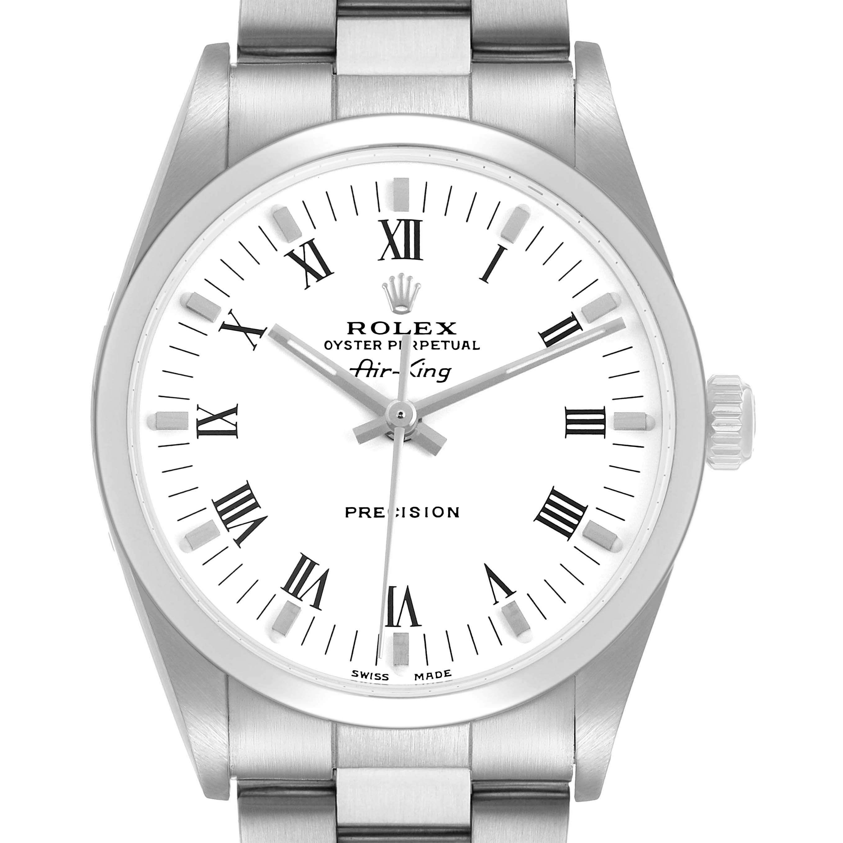 The Rolex Air-King 14000 Men's Stainless Steel White Dial watch is shown from a front angle displaying its face, bezel, crown, and part of the bracelet.