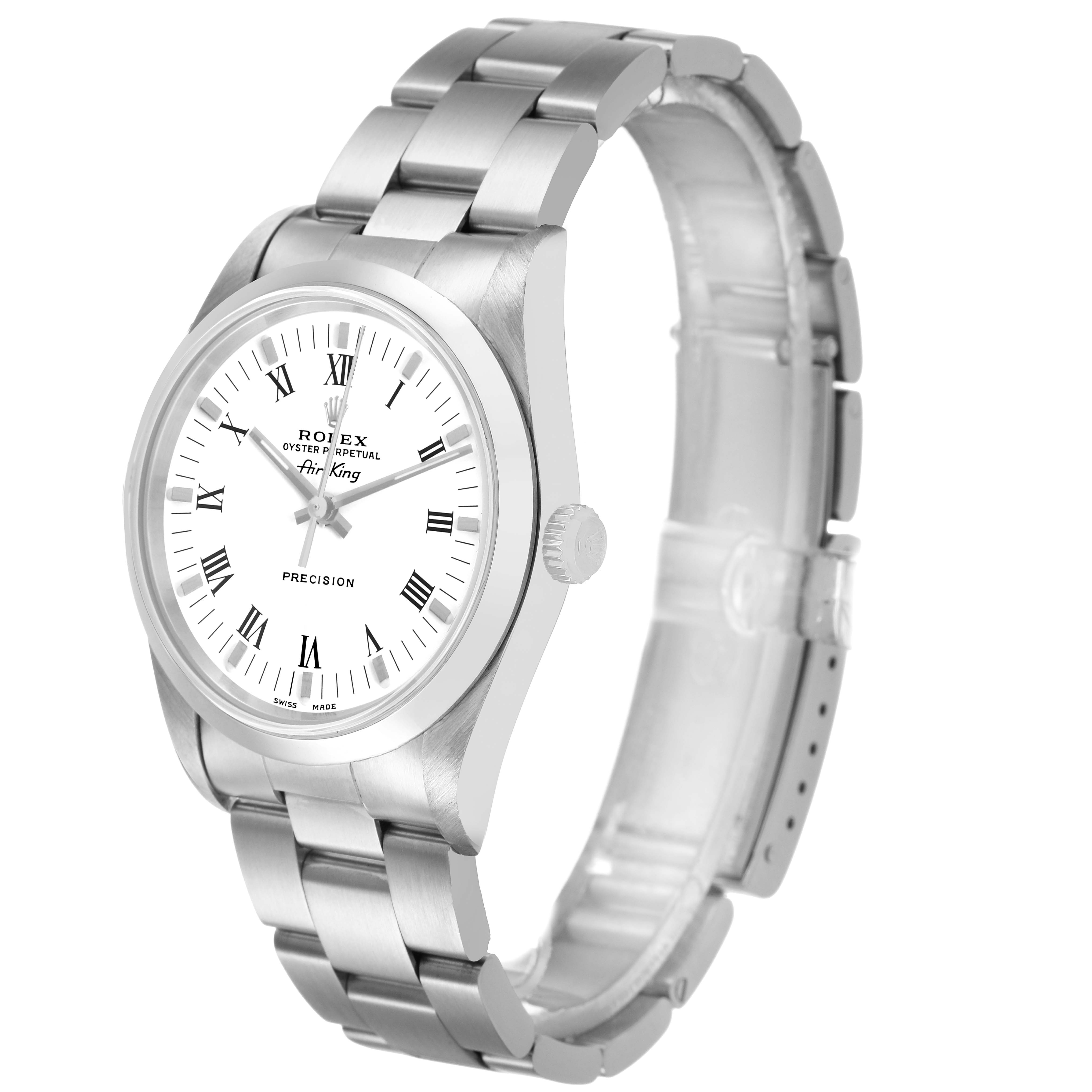 The Rolex Air-King 14000 Men's Stainless Steel White Dial watch is shown at a three-quarter angle, displaying the face, bezel, and part of the bracelet.