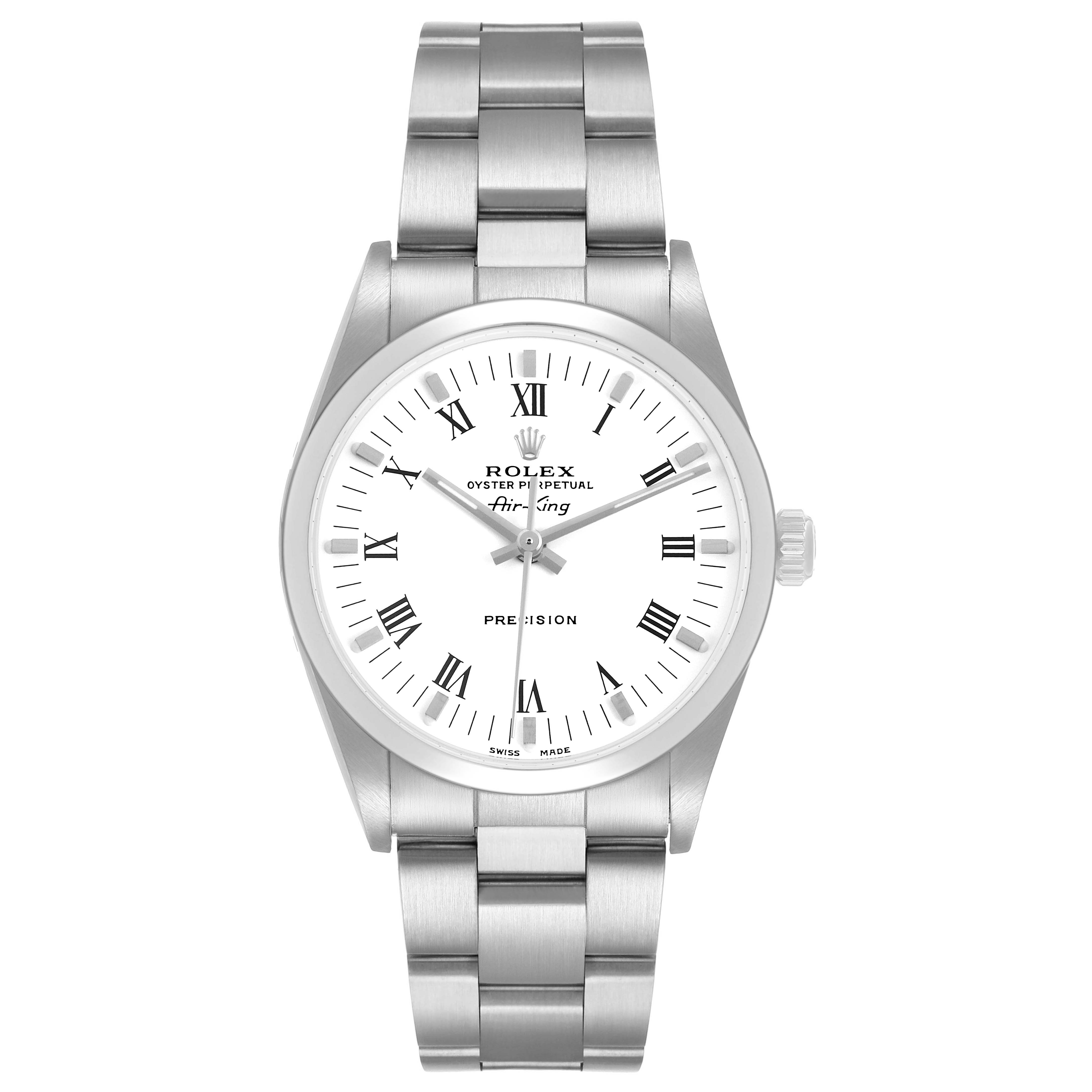 The Rolex Air-King 14000 Men's Stainless Steel White Dial is shown from a top-down angle, displaying the dial, hands, case, and bracelet.