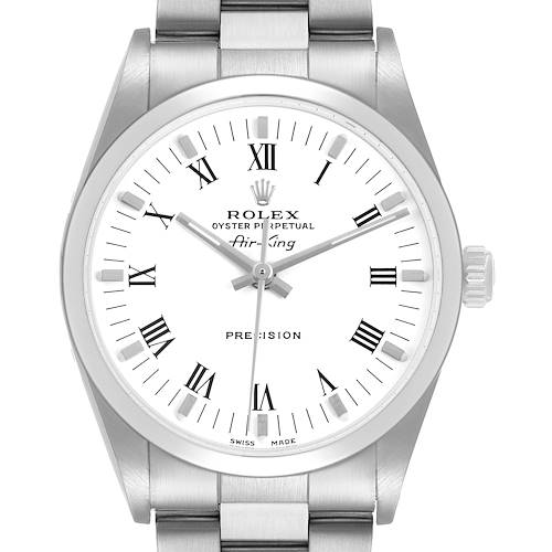 The Rolex Air-King 14000 Men's Stainless Steel White Dial is shown from a front angle, displaying the dial, bezel, hands, and part of the bracelet.