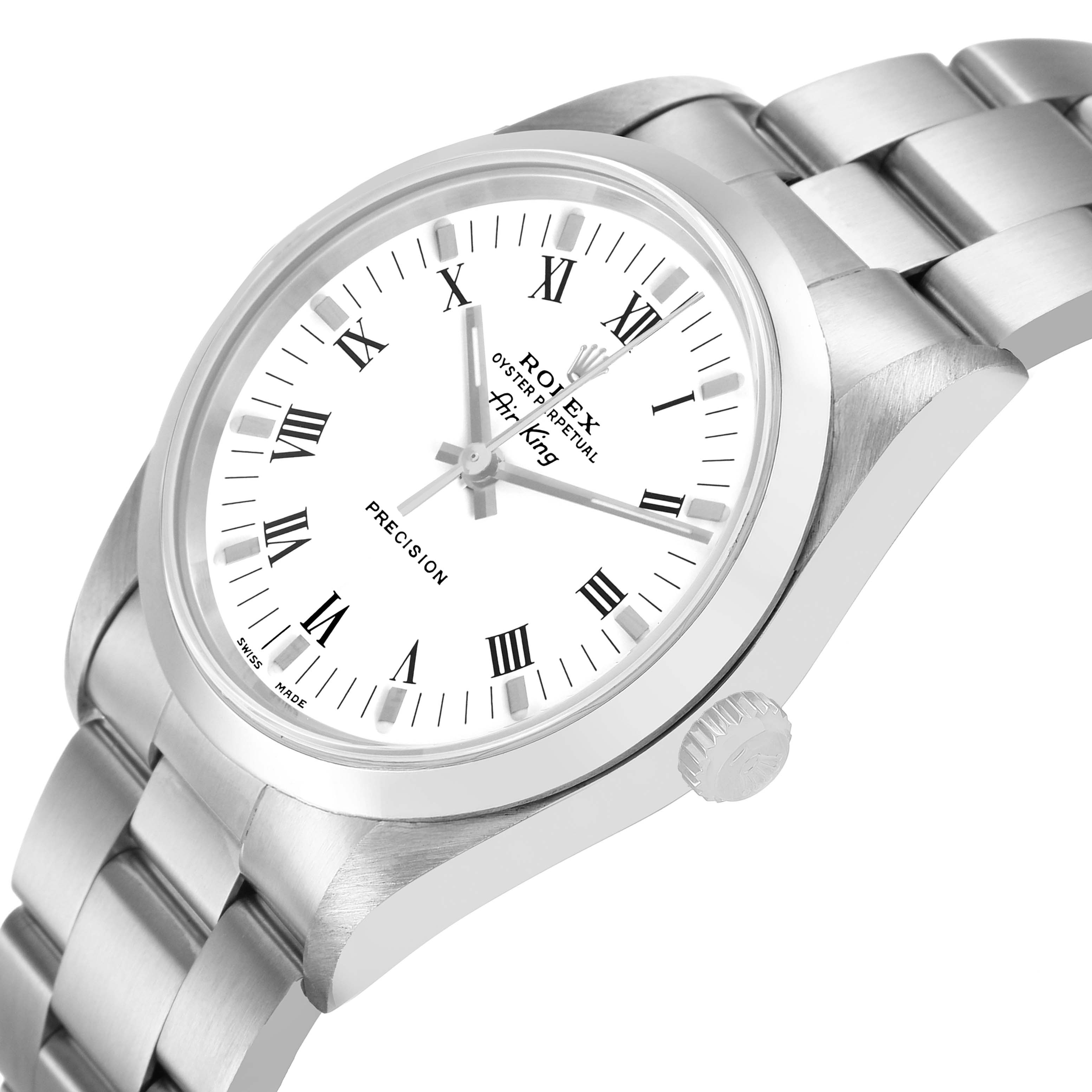 The Rolex Air-King 14000 Men's Stainless Steel White Dial watch is shown at an angled side view, highlighting the dial, bezel, crown, and bracelet.