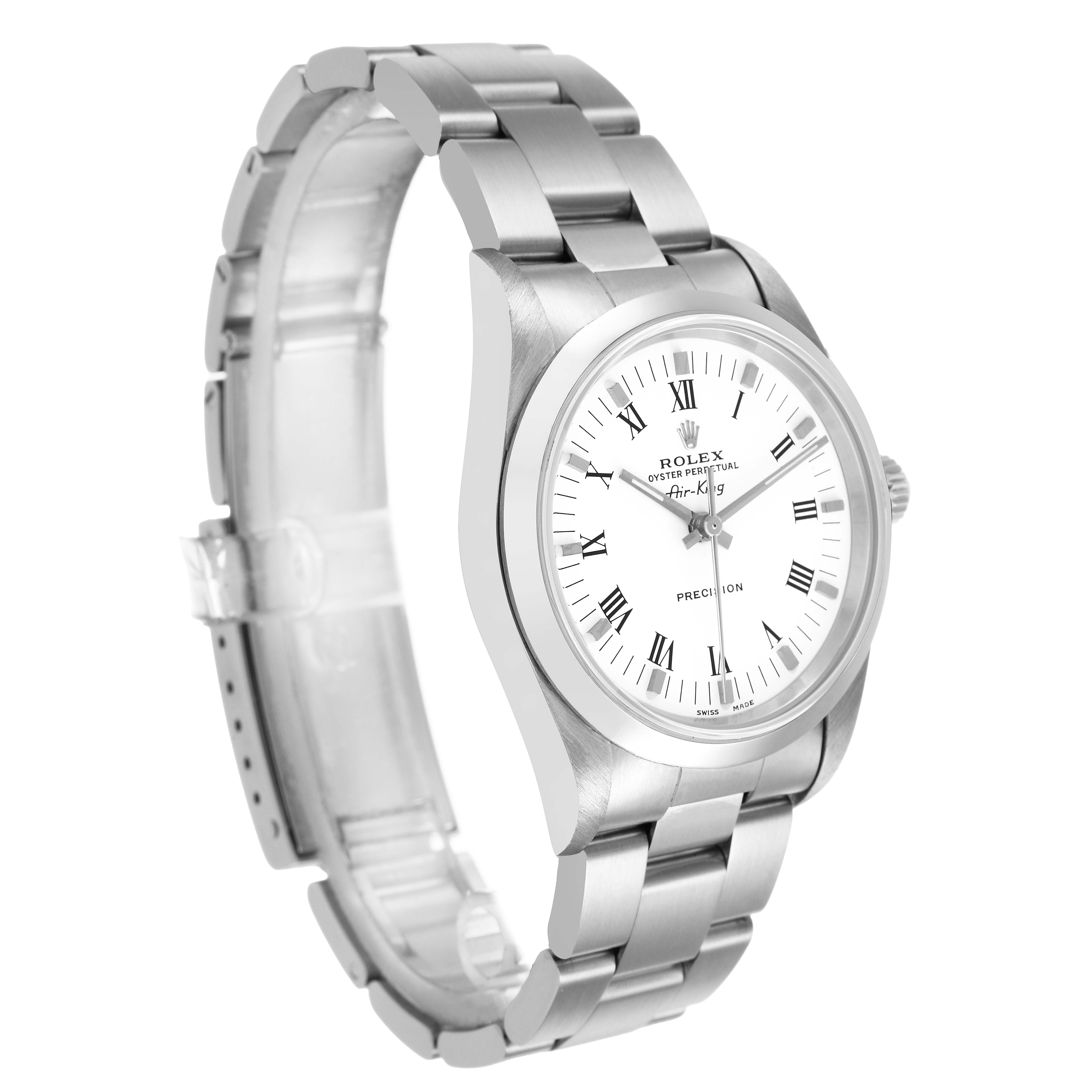 The Rolex Air-King 14000 Men's Stainless Steel White Dial watch is shown at a three-quarter angle, highlighting the bracelet, case, dial, and crown.