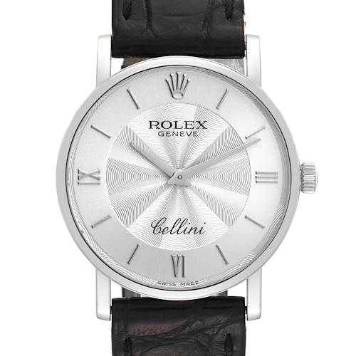 This image shows a front view of a Rolex Cellini watch, highlighting its face and part of the leather strap.