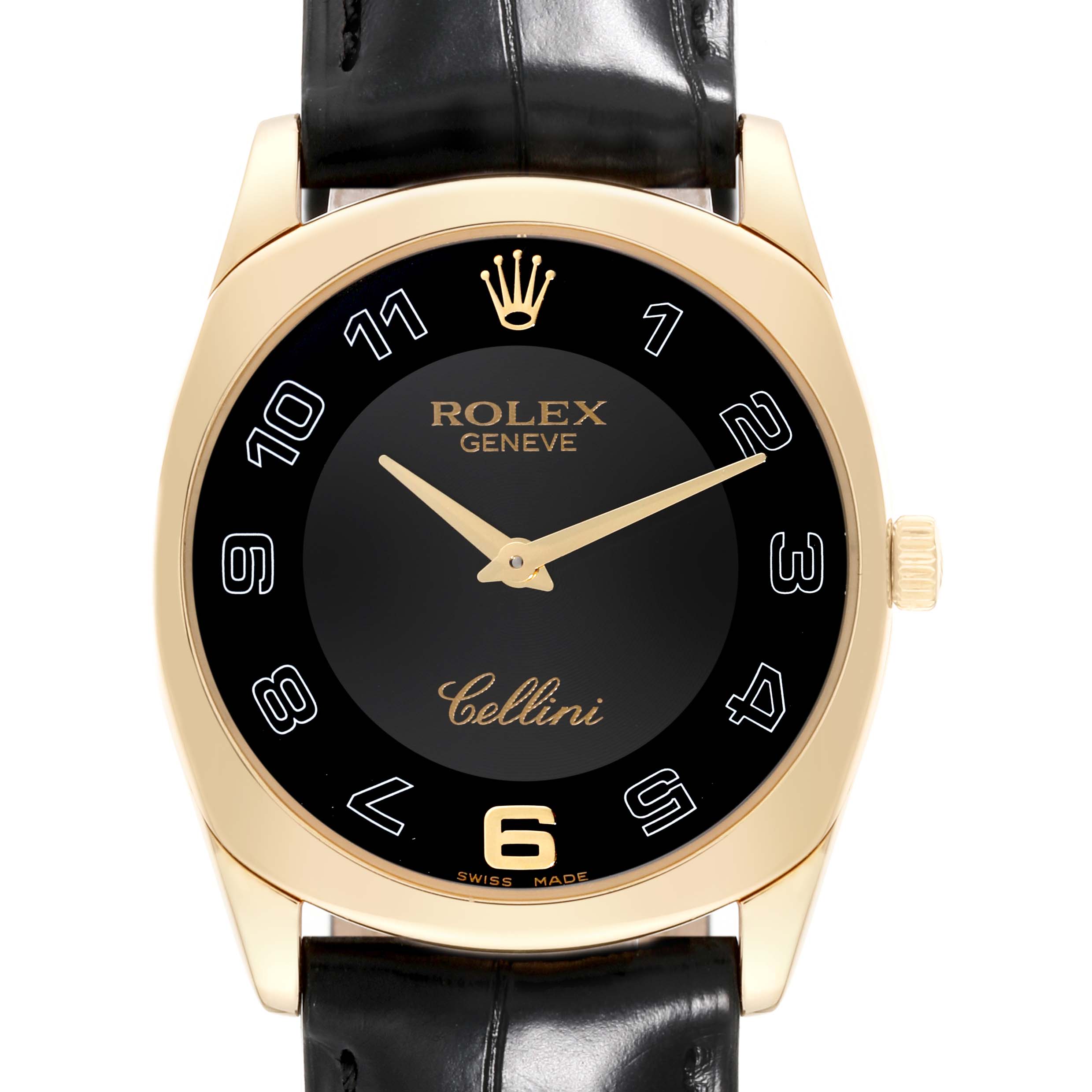 The image shows a front view of a Rolex Cellini 4233/8 Men's Yellow Gold Black Dial 4233/8 Men's Yellow Gold Black Dial watch, displaying its black dial, gold casing, and leather strap.