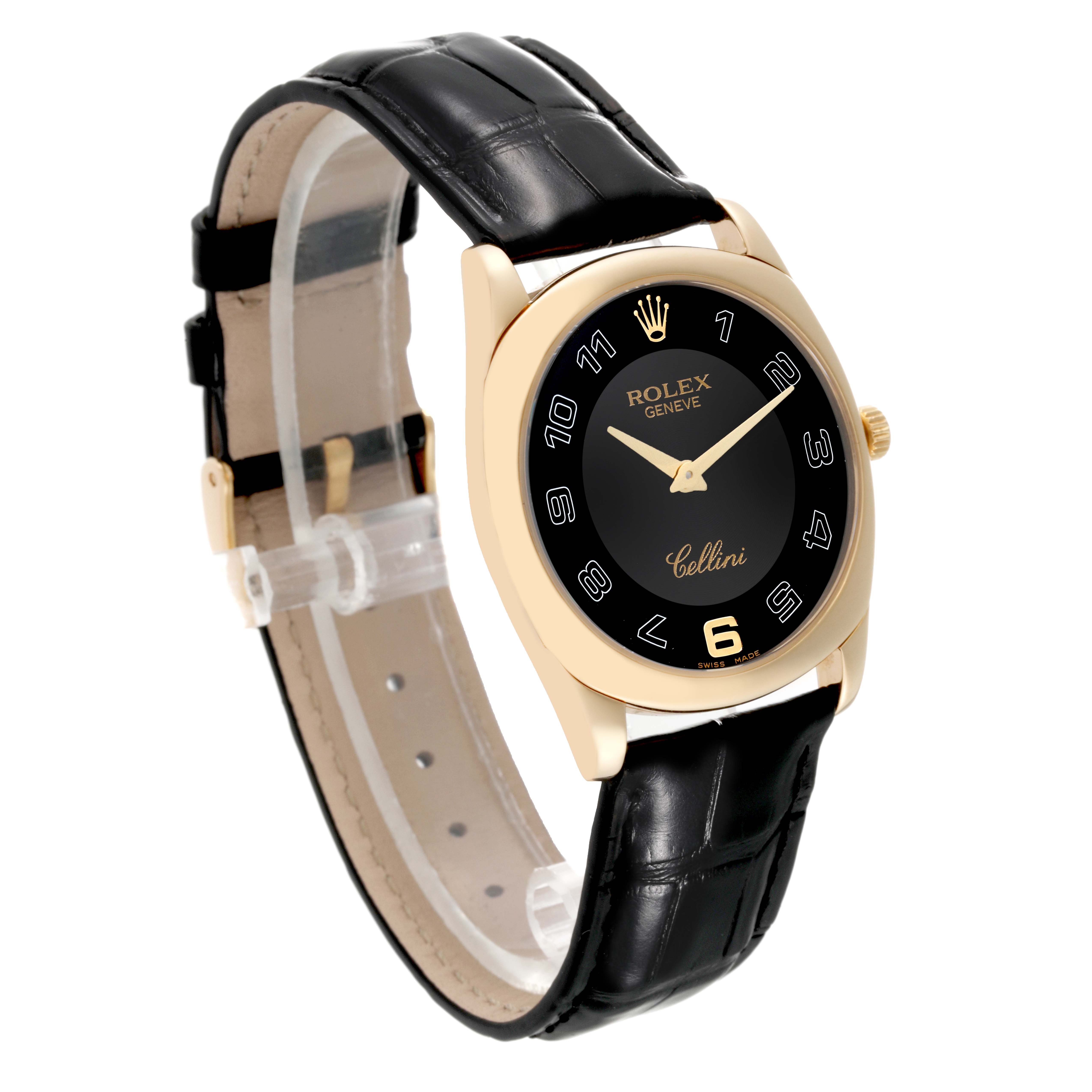 The image shows a side angle of a Rolex Cellini 4233/8 Men's Yellow Gold Black Dial 4233/8 Men's Yellow Gold Black Dial watch, highlighting its black dial, leather strap, and gold case.