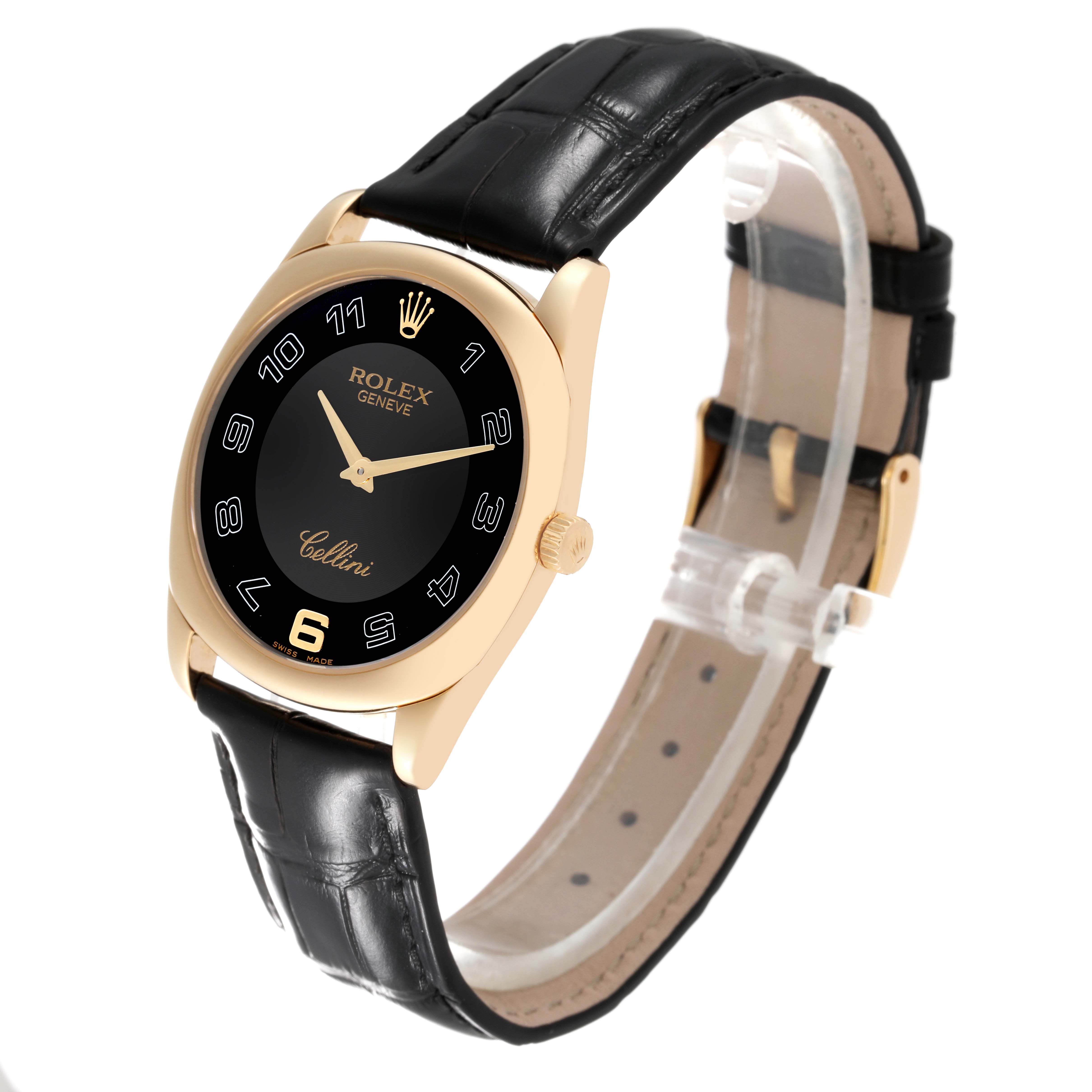 The image shows a Rolex Cellini 4233/8 Men's Yellow Gold Black Dial 4233/8 Men's Yellow Gold Black Dial watch at an angled side view, highlighting its black leather strap, black dial, and gold case.