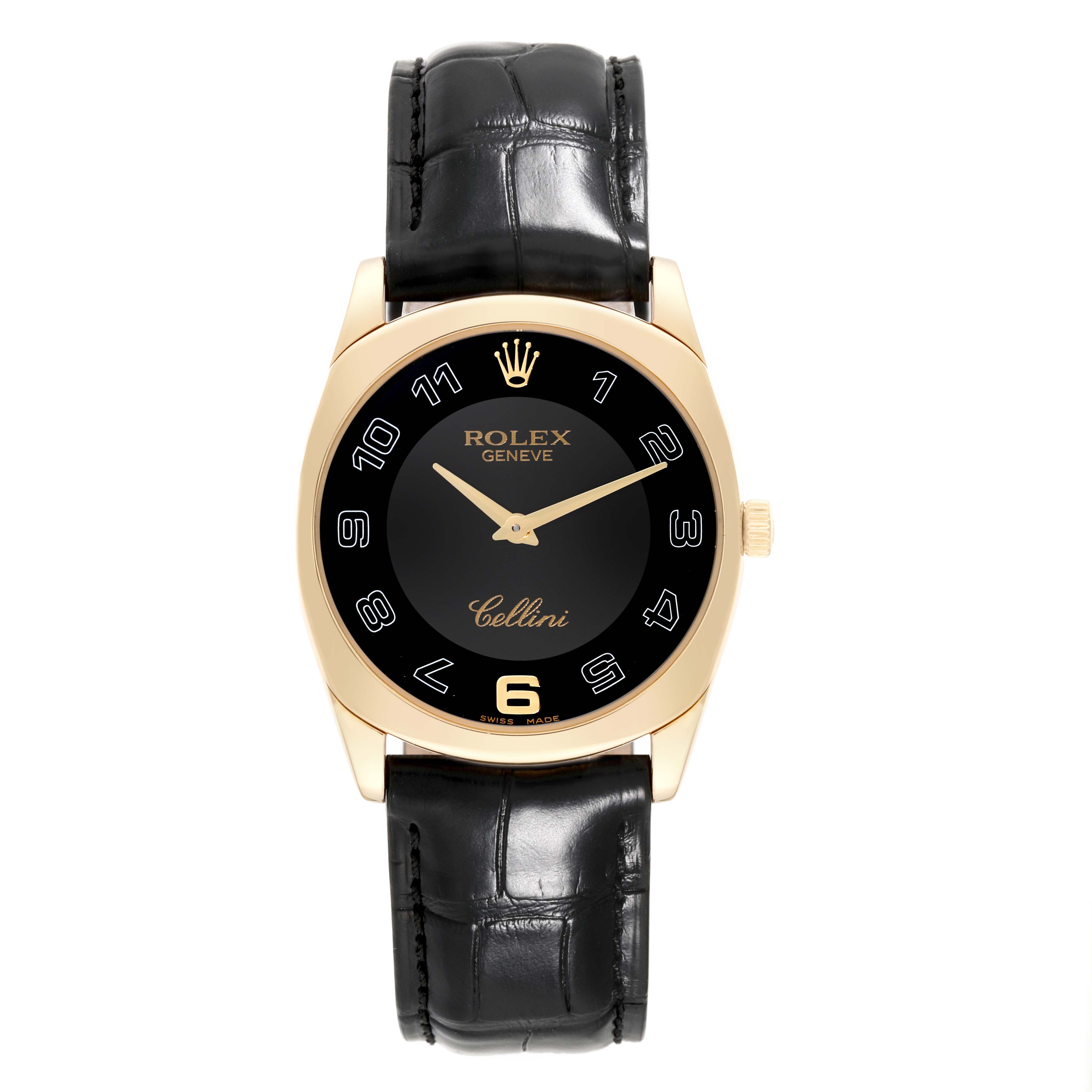 The Rolex Cellini 4233/8 Men's Yellow Gold Black Dial 4233/8 Men's Yellow Gold Black Dial watch is shown from a front angle, displaying its black dial, gold case, and black leather strap.
