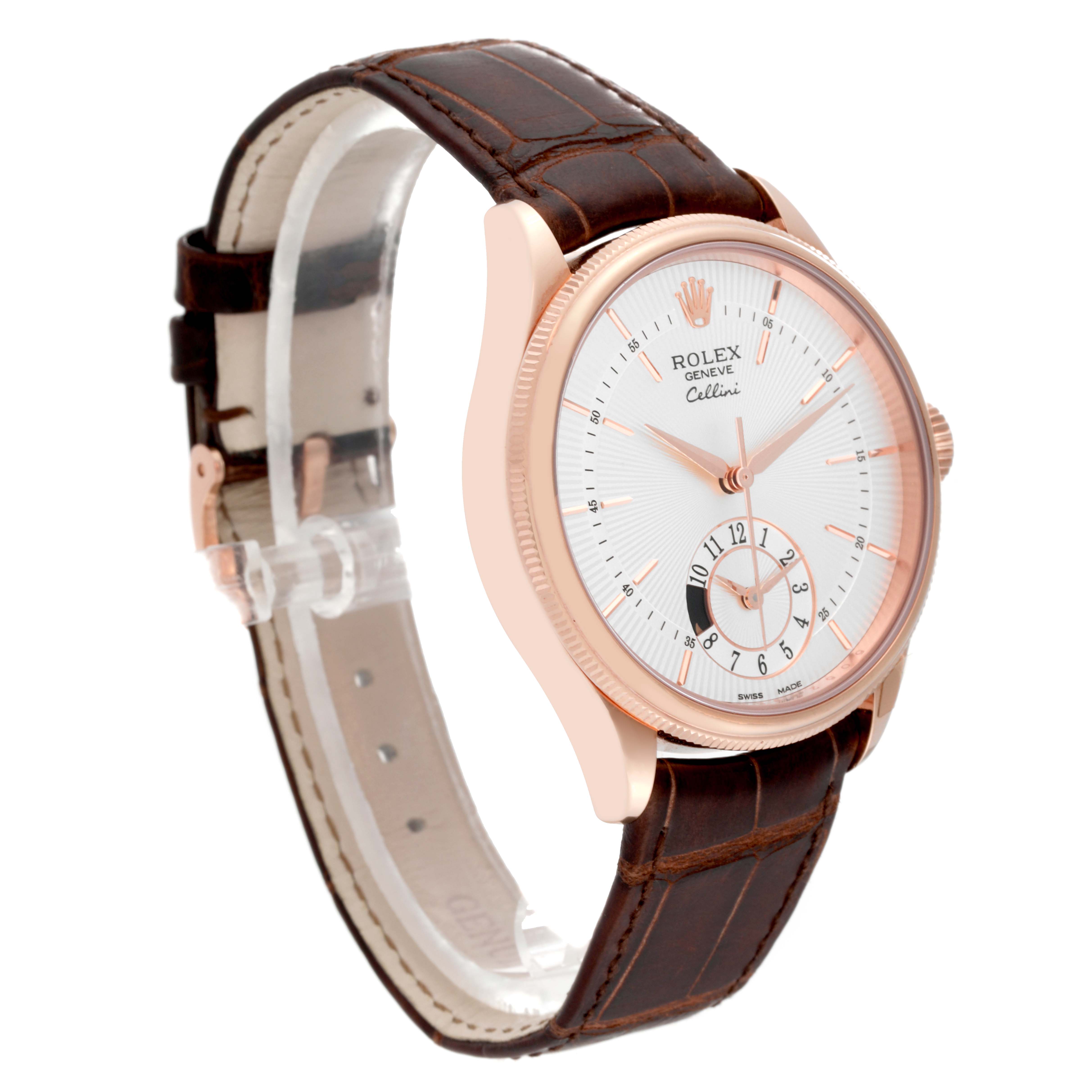 The Rolex Cellini 50525 Men's Rose Gold Silver Dial 50525 Men's Rose Gold Silver Dial watch is shown at a three-quarter angle, displaying the dial, strap, casing, and part of the crown.