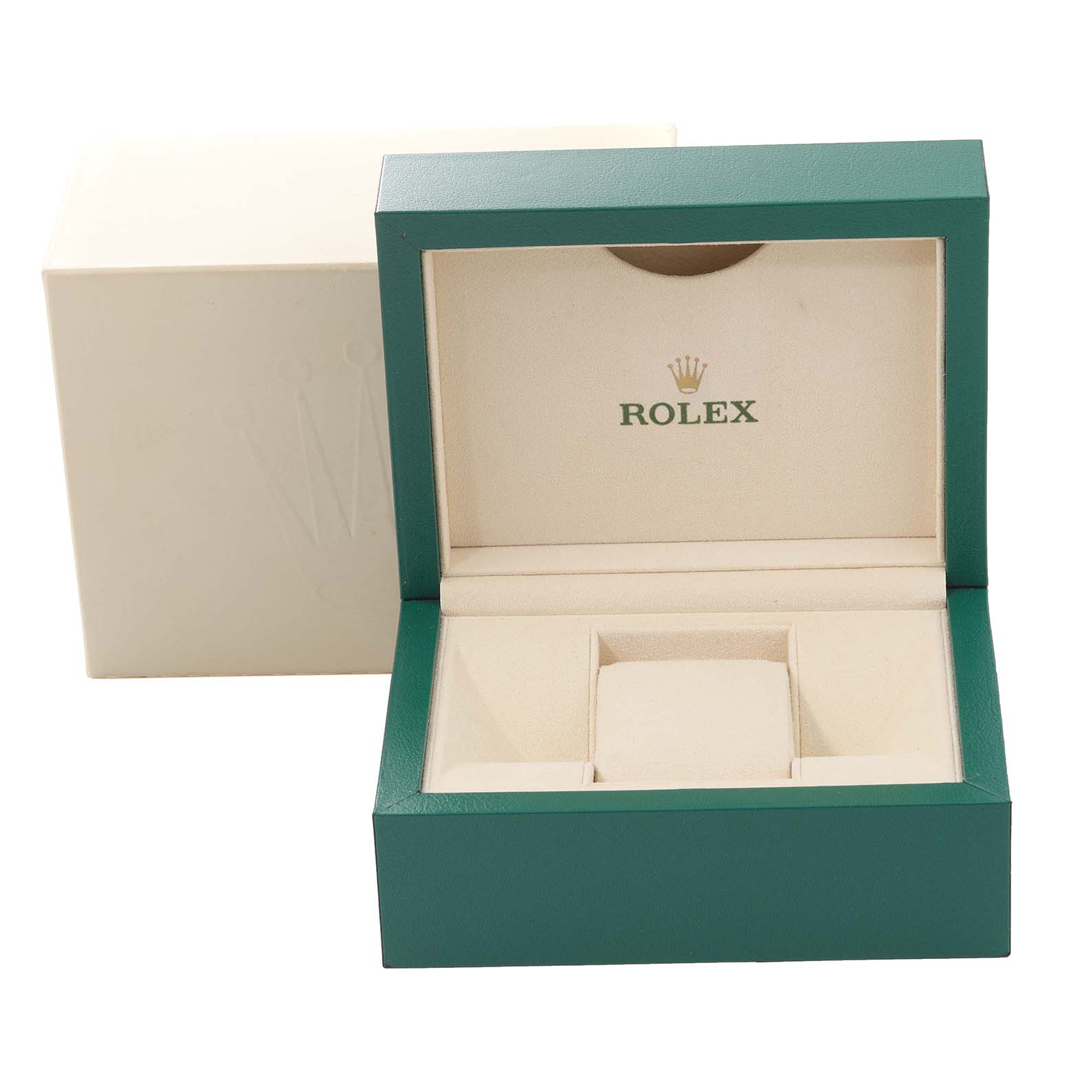 The image shows an open green and cream-colored box for a Rolex Cellini 50525 Men's Rose Gold Silver Dial 50525 Men's Rose Gold Silver Dial watch, highlighting the interior compartments.