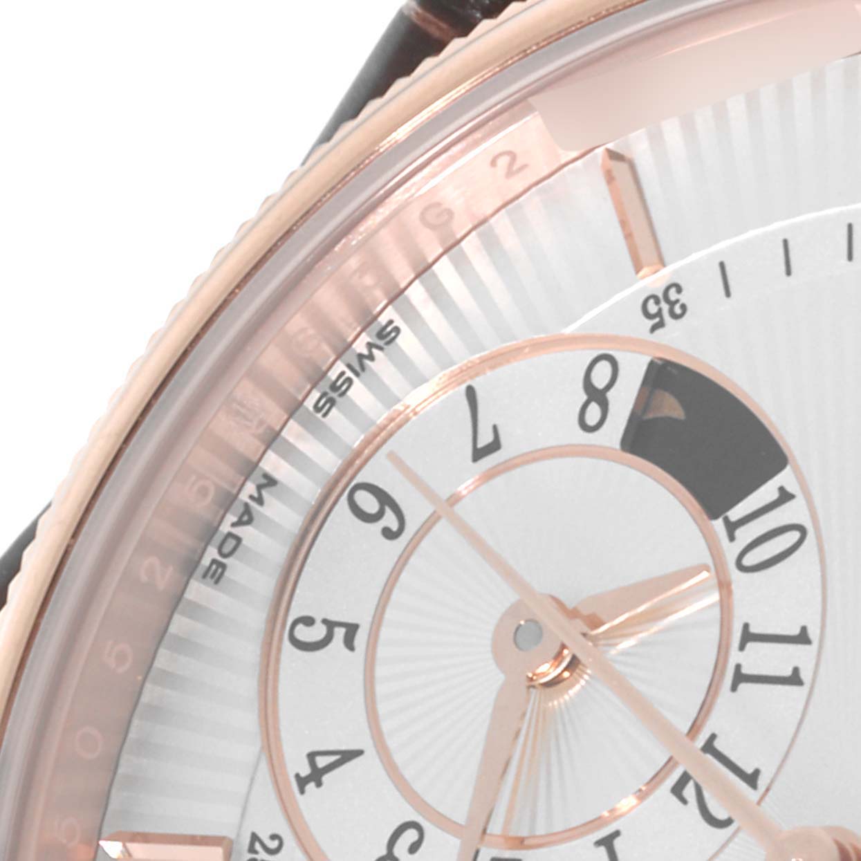 This close-up angle of the Rolex Cellini 50525 Men's Rose Gold Silver Dial 50525 Men's Rose Gold Silver Dial watch shows the dial and part of the rose gold bezel.