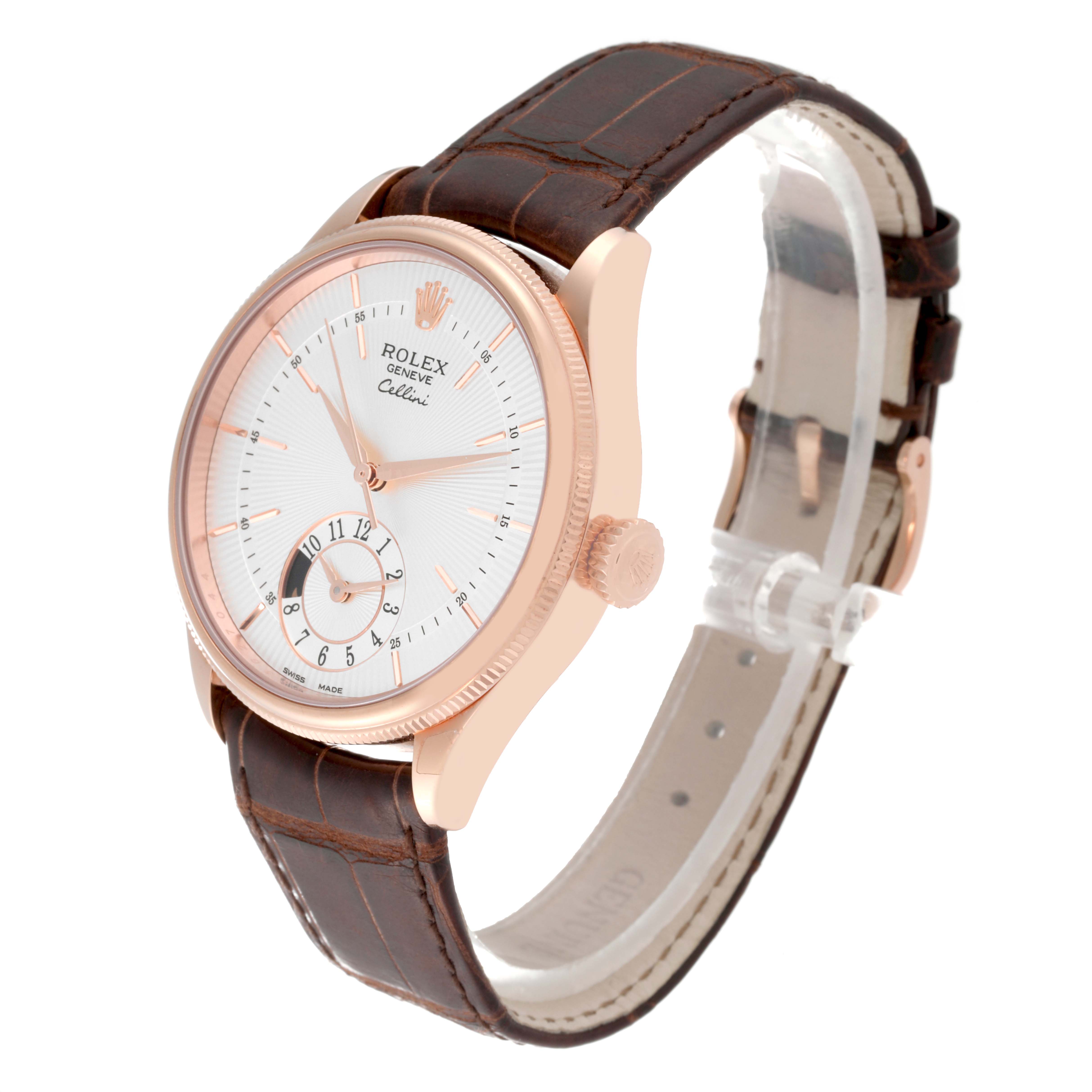 This image shows a Rolex Cellini 50525 Men's Rose Gold Silver Dial 50525 Men's Rose Gold Silver Dial watch at a three-quarter angle, highlighting the dial, case, crown, and leather strap.