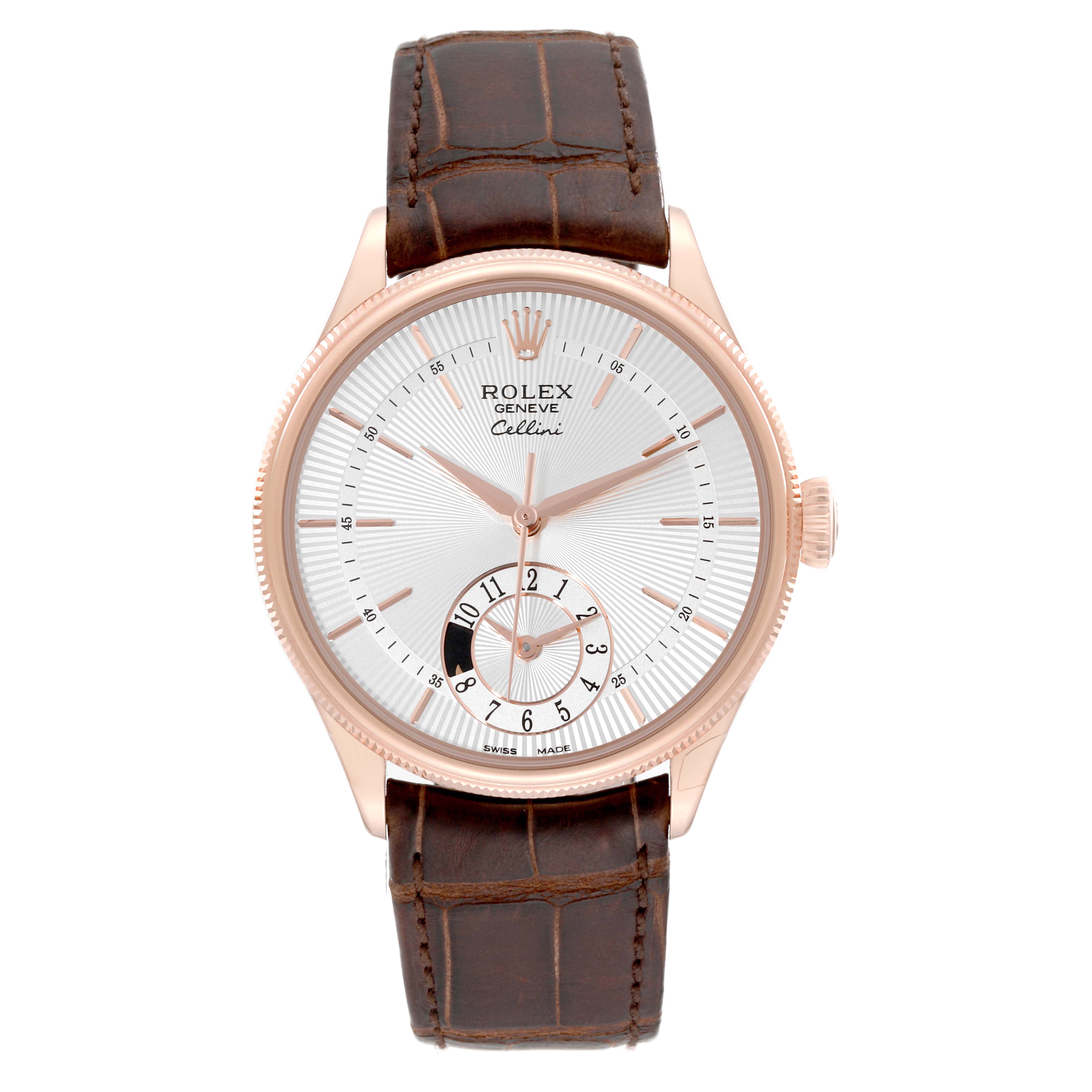 This image shows a Rolex Cellini 50525 Men's Rose Gold Silver Dial 50525 Men's Rose Gold Silver Dial watch from a front angle, highlighting the face, hands, crown, and leather strap.