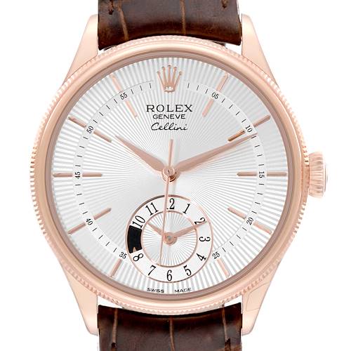 The Rolex Cellini watch is shown from a front view, highlighting the dial, hands, crown, and part of the leather strap.