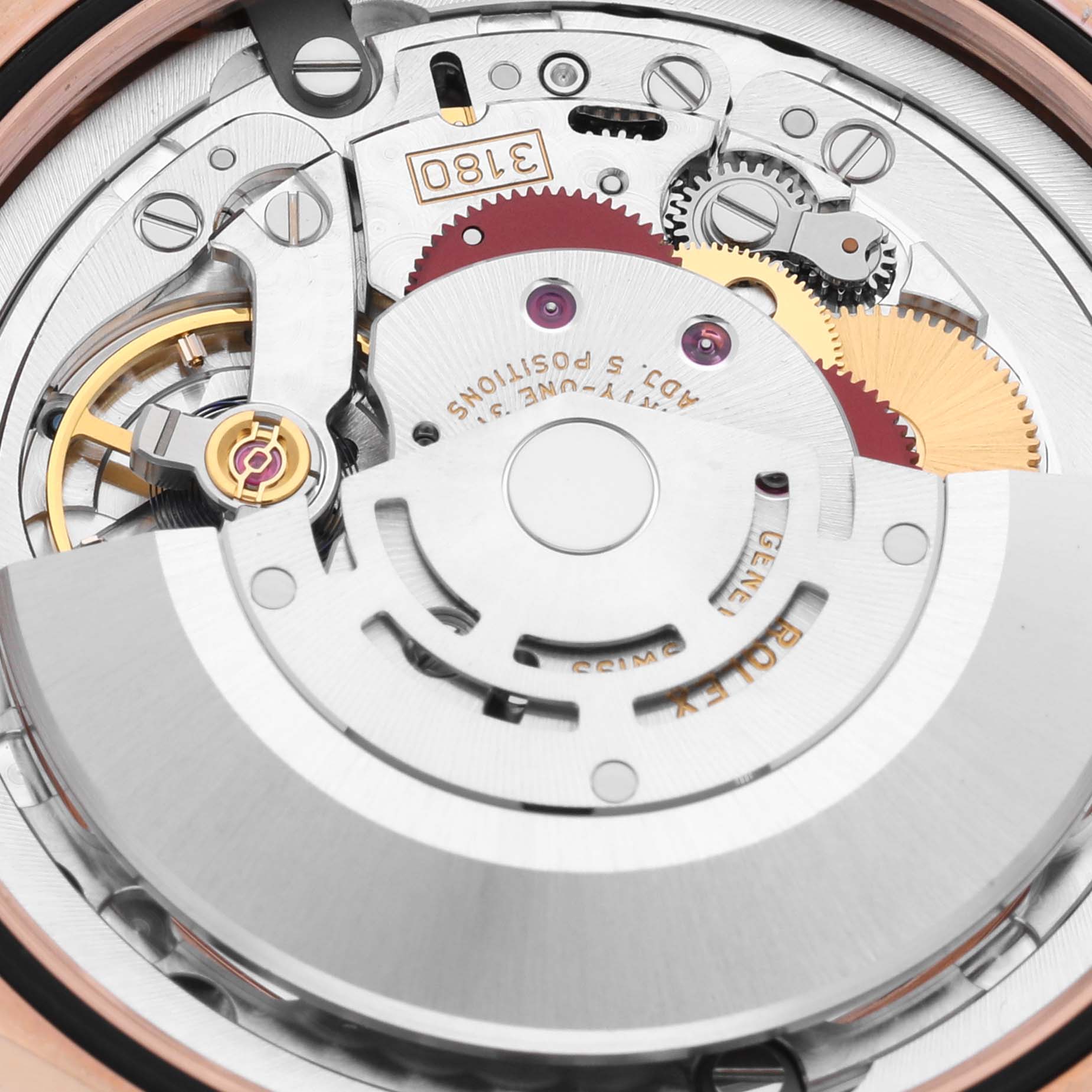 The image shows a close-up view of the movement components of a Rolex Cellini 50525 Men's Rose Gold Silver Dial 50525 Men's Rose Gold Silver Dial watch.