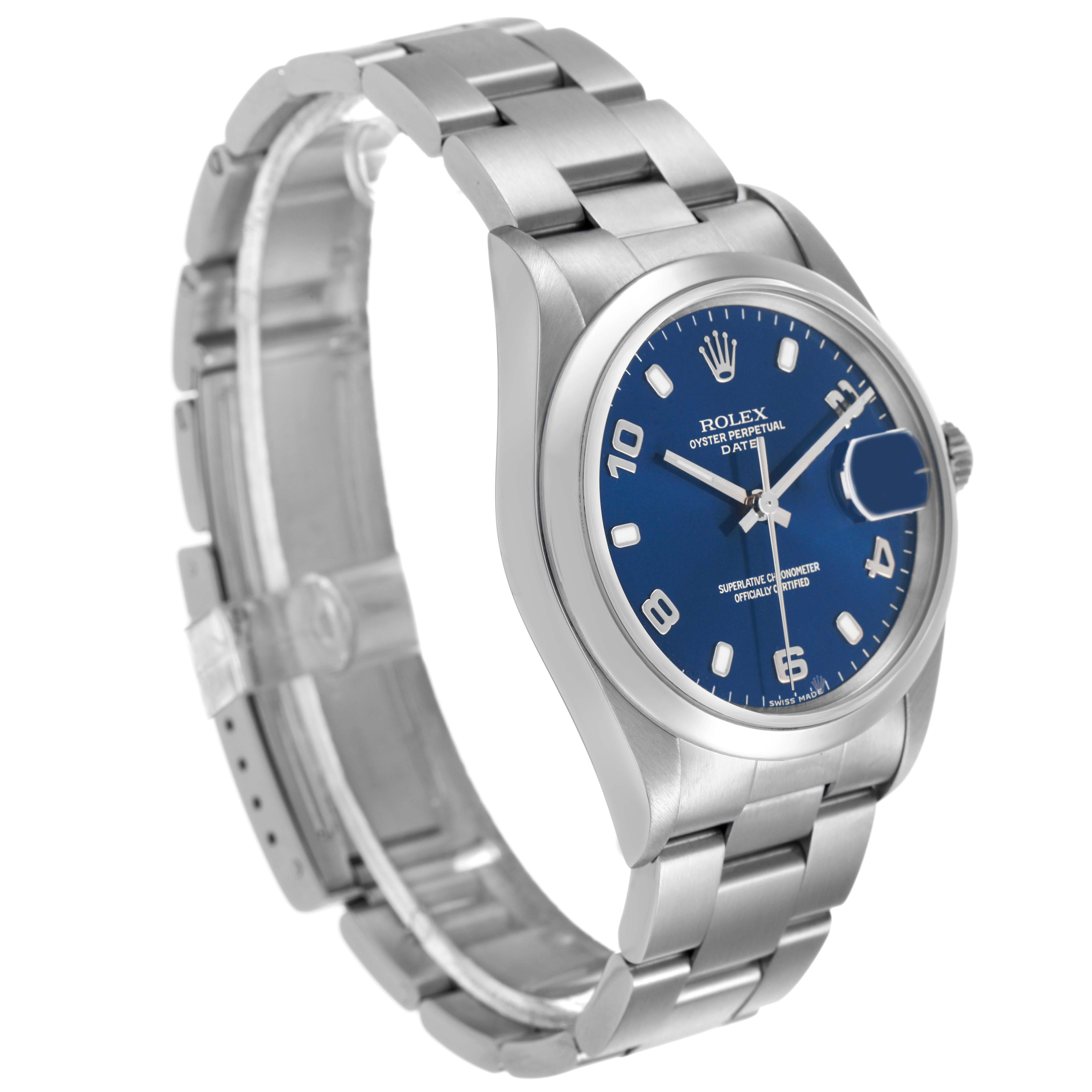 The Rolex Date 15200 Men's Stainless Steel Blue Dial watch is shown at a slight angle, highlighting the blue dial, bracelet, case, and crown.
