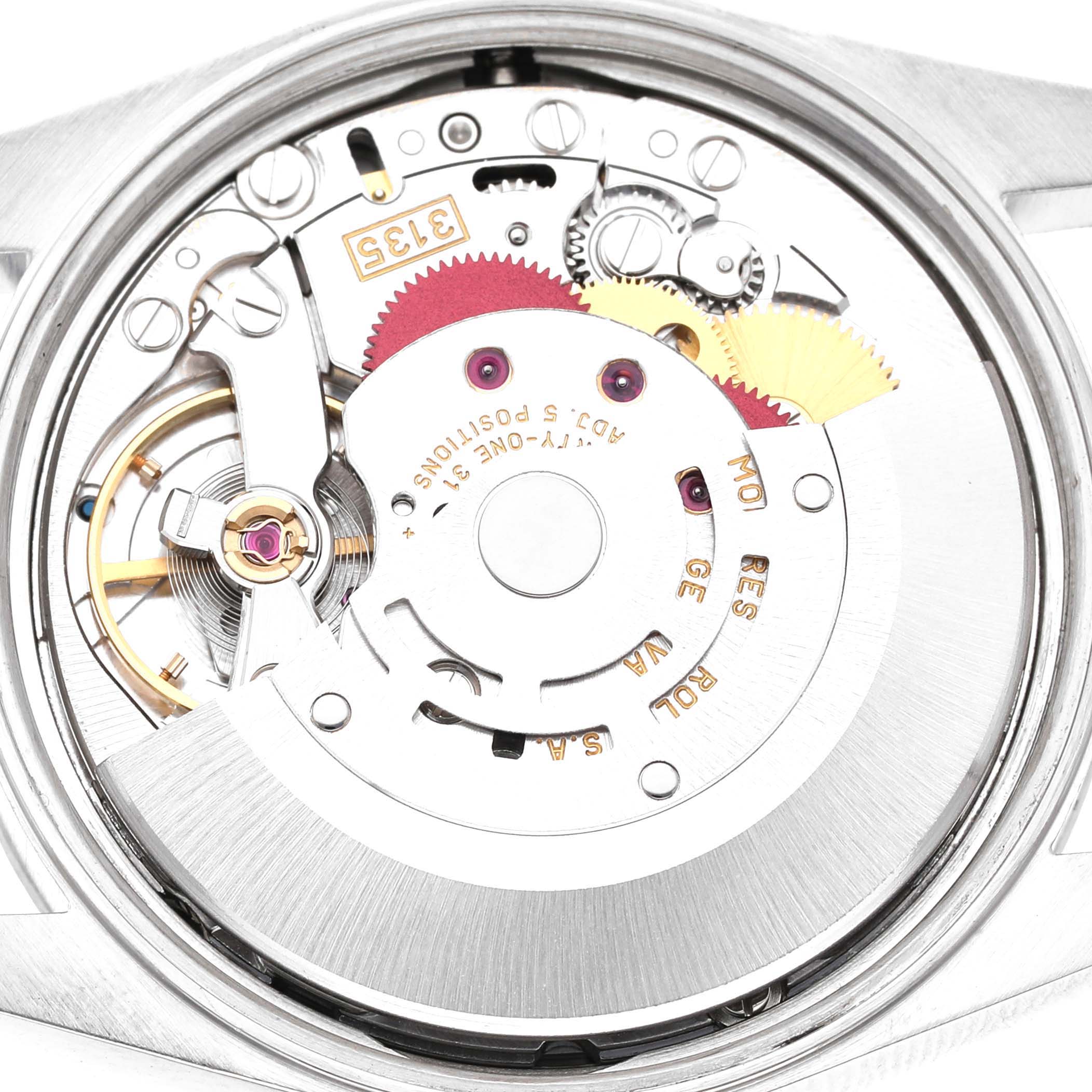 The image shows the internal movement of a Rolex Date 15200 Men's Stainless Steel Blue Dial watch, highlighting gears and components from a top view.