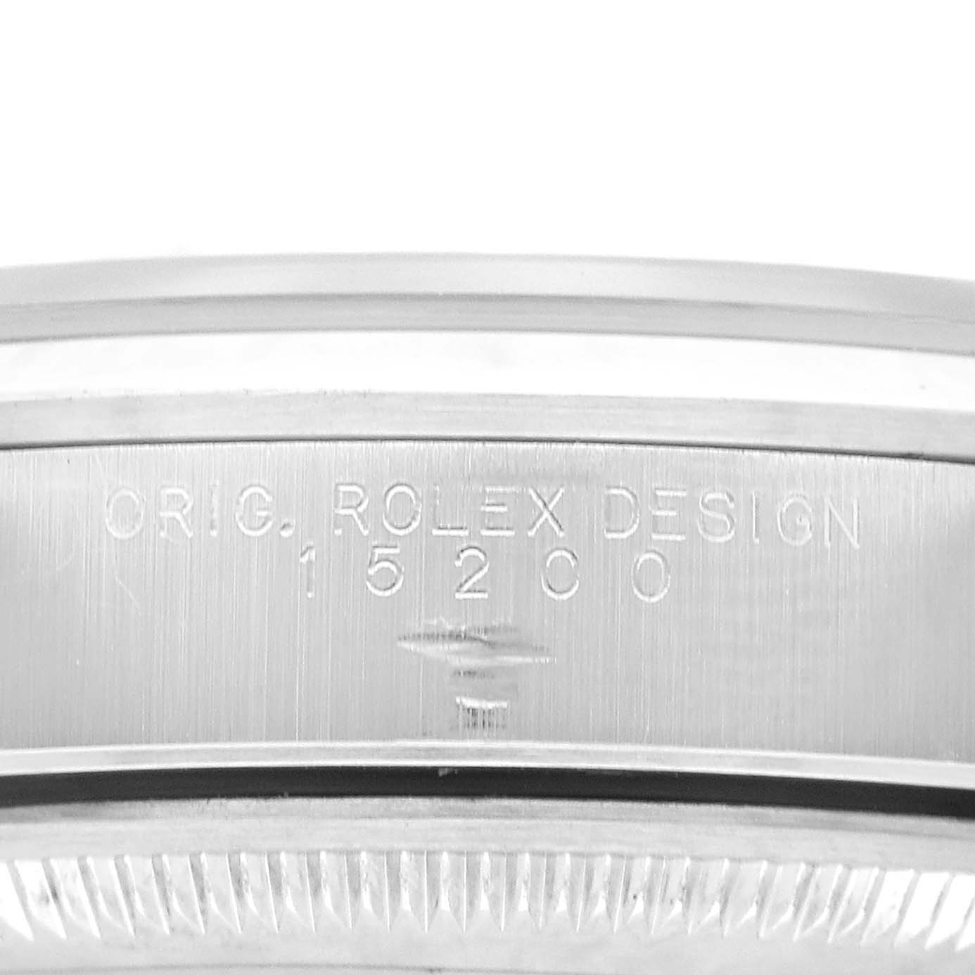 The image shows the side view of the case of a Rolex Date 15200 Men's Stainless Steel Blue Dial model, highlighting the engraved design and model number.